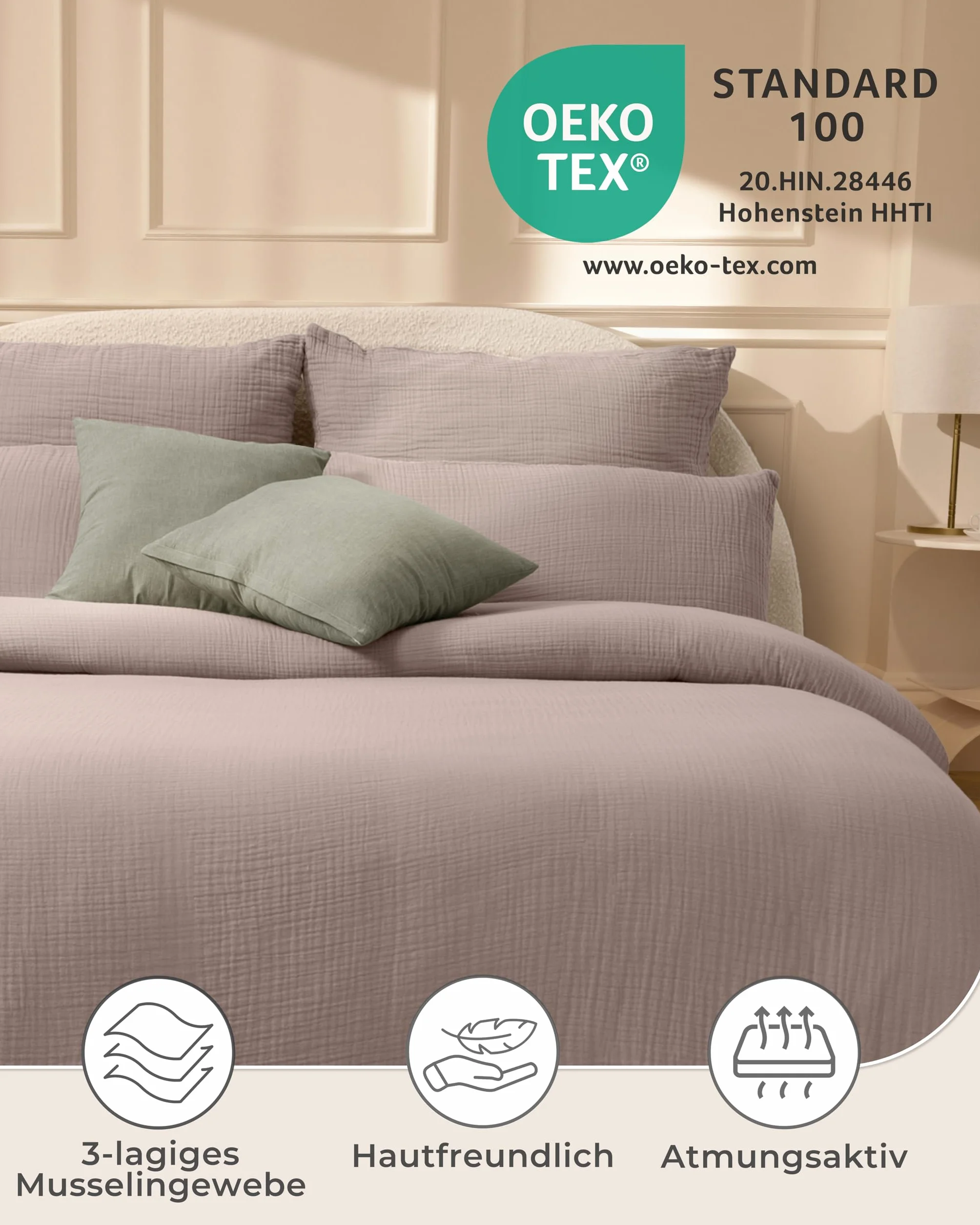 LAYNENBURG Muślinowa poszewka na poduszkę 80 x 80 cm, Oeko-Tex – 100% bawełna – oddychająca i nie wymaga prasowania – 3-warstwowa muślina z zamkiem błyskawicznym i taśmami mocującymi (Taupe)