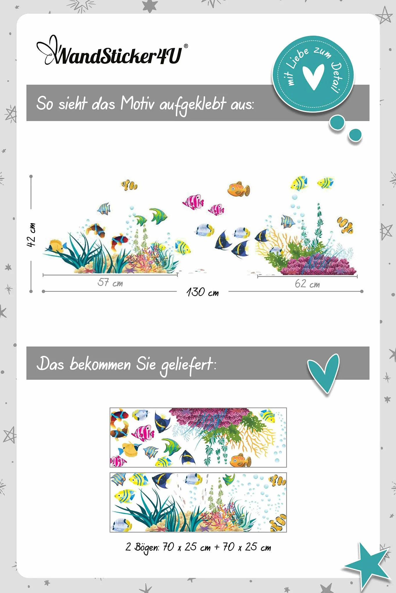 WandSticker4U® - Naklejki ścienne dla dzieci ZWIERZĘTA MORSKIE (130 x 42 cm) I winylowa naklejka ścienna łazienka ryba ocean podwodny świat I dekoracja łazienki płytki pokój dziecięcy duży