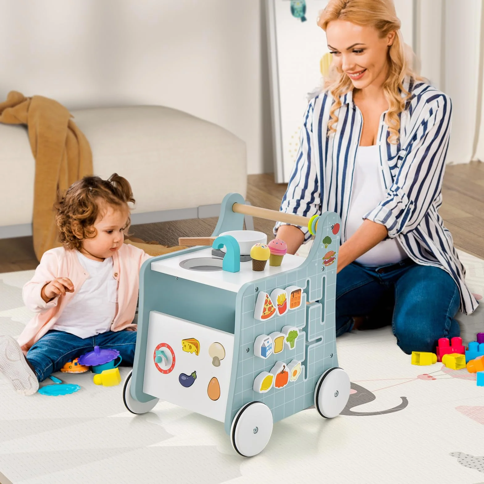 COSTWAY Drewniany wózek do nauki chodzenia 6 w 1, Baby Walker z kuchnią do zabawy