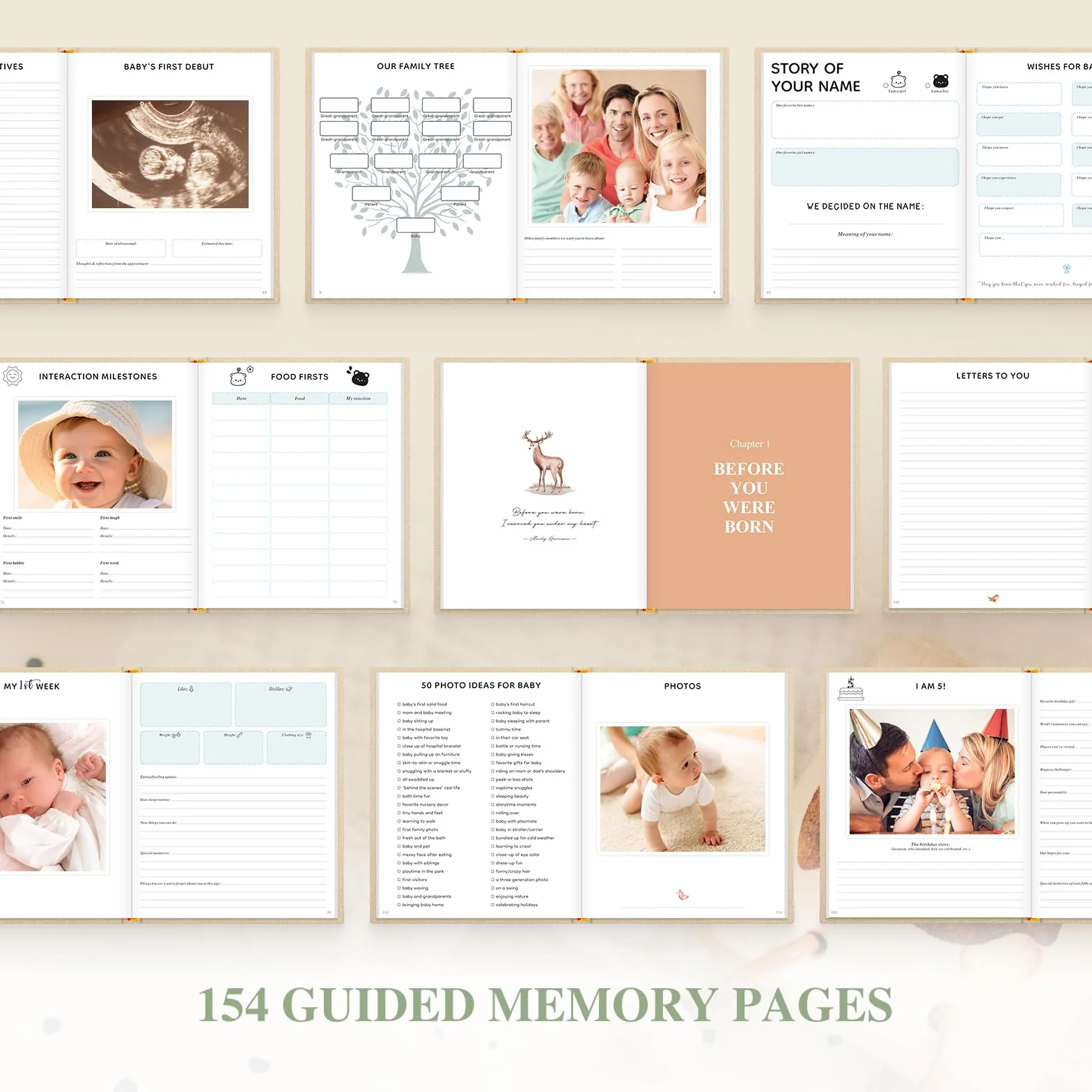 Lanpn Album fotograficzny dla dziecka Pierwszy 5 Rok dla chłopca dziewczynki, The Story of Your Baby Memory Book, Pamiętnik dla dzieci, Dziennik dla noworodków Prezent (154 strony, angielski, zielony)