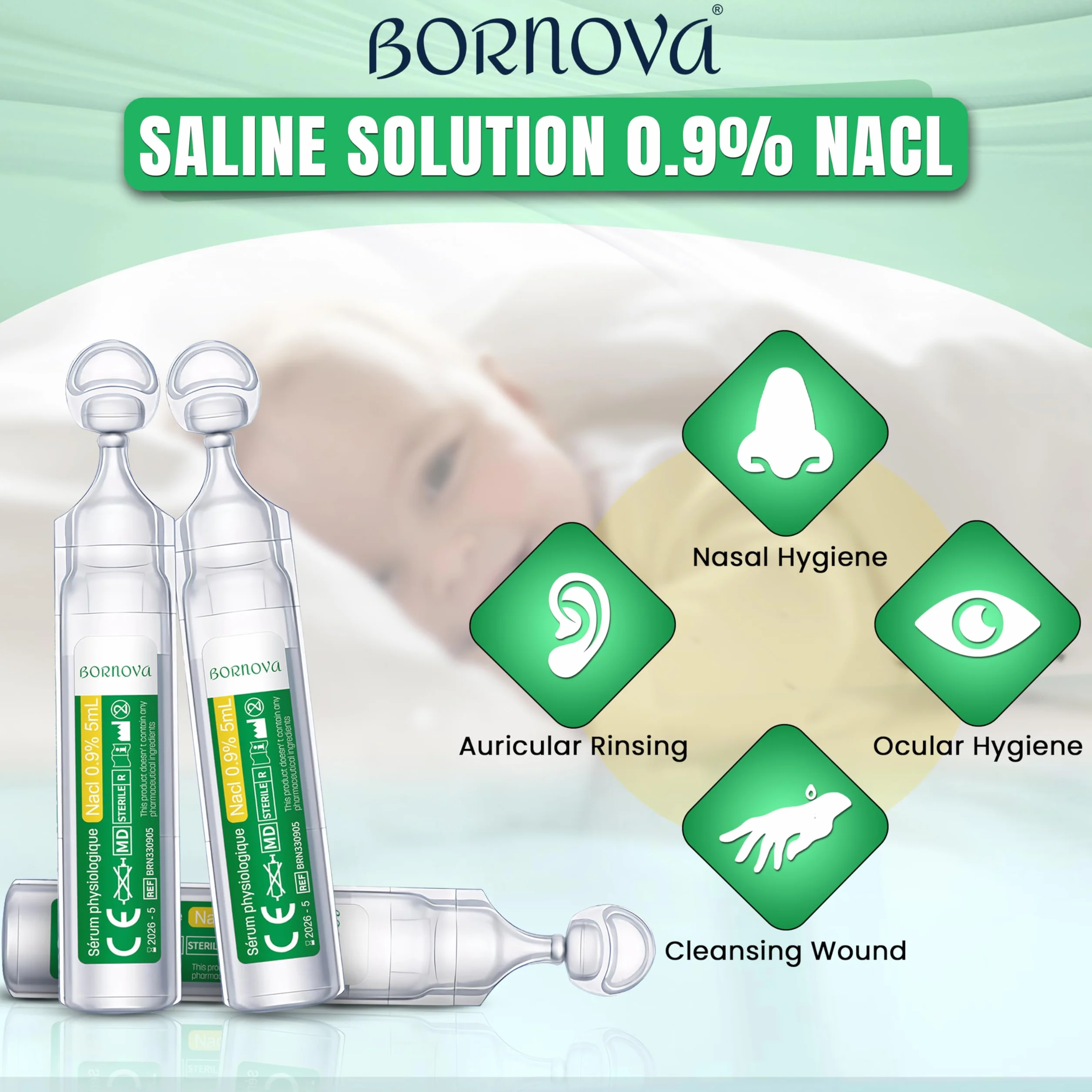 BORNOVA Serum Fizjologiczne Stosunek izotoniczny soli fizjologicznej Dziecko Niemowlę Zapobieganie przeziębieniu Ulga zatorach nosa Higiena oczu uszu Oczyszczanie ran (3 BOX, 120 Jednodawkowe Dawki)