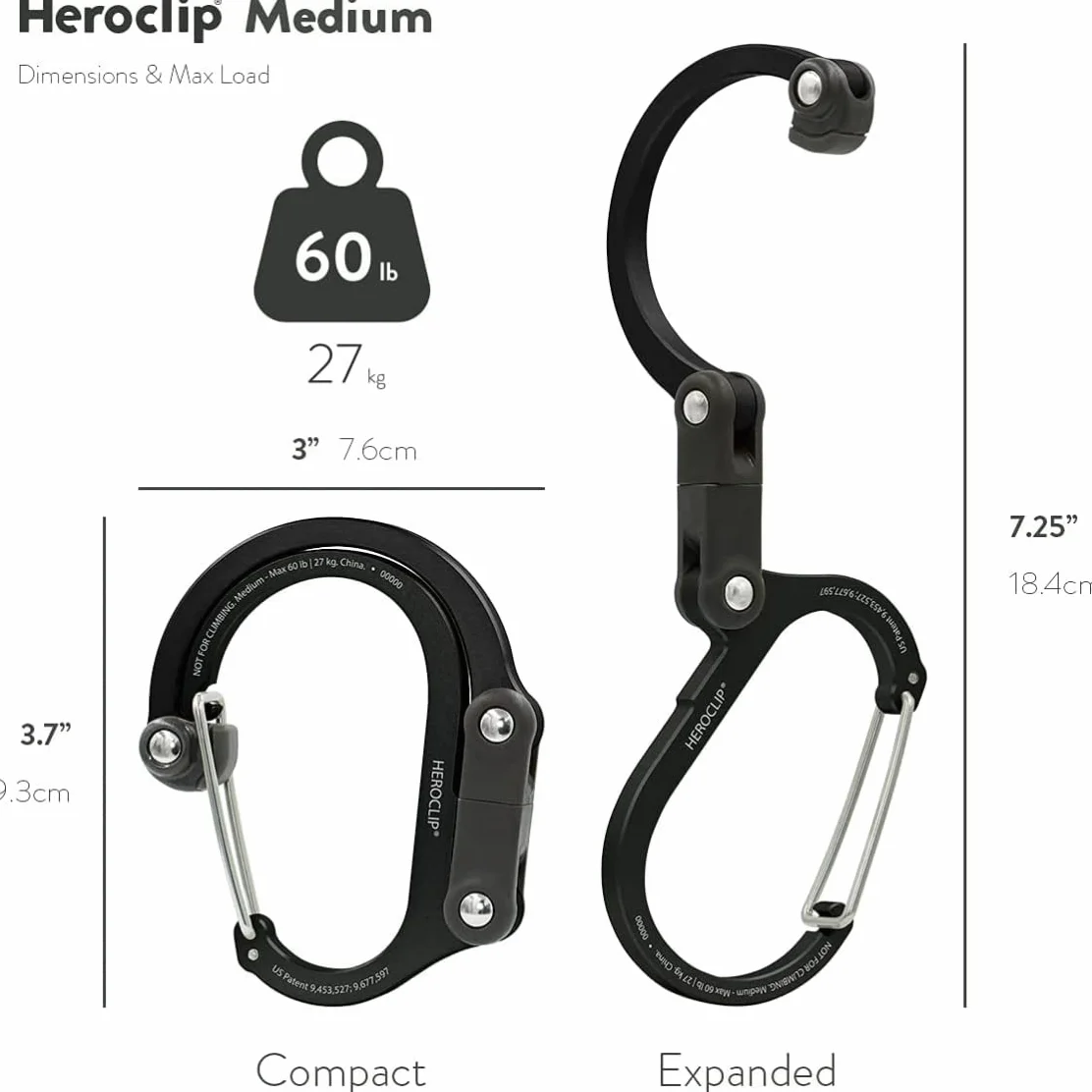 Heroclip, średni – karabińczyk i haczyk, torba, torebka, wieszak na plecak, hak do wózka dziecięcego, karabińczyk do kluczy, wielofunkcyjny, na kemping, wędkowanie, wędrówki lub podróże, do powieszenia wszystkiego w dowolnym miejscu