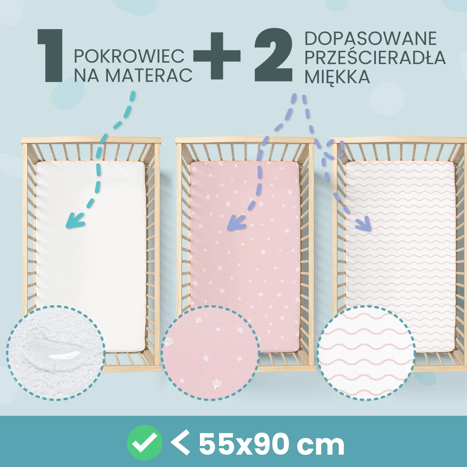 Zestaw 2 x 100% Bawełniane Prześcieradła z Gumką - 1 x 100% Wodoodporny Pokrowiec na Materac - Zestaw 3-55x90cm - Różowy