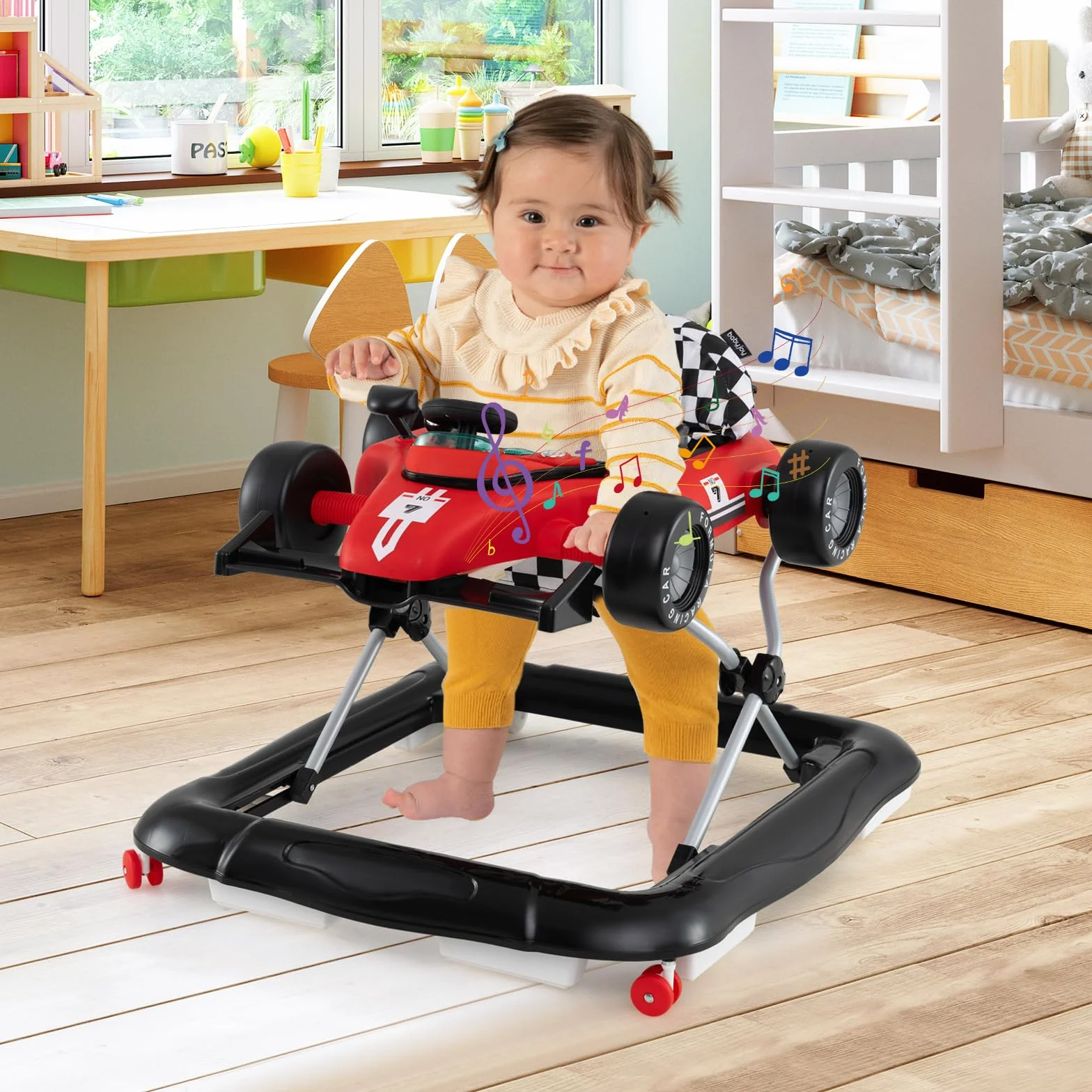 COSTWAY Pomoc w nauce chodzenia 4 w 1, wózek do nauki chodzenia, składany z regulacją wysokości, Baby Walker w kształcie samochodu z kierownicą i pozytywką, wózek z kółkami dla dzieci w wieku 6-18