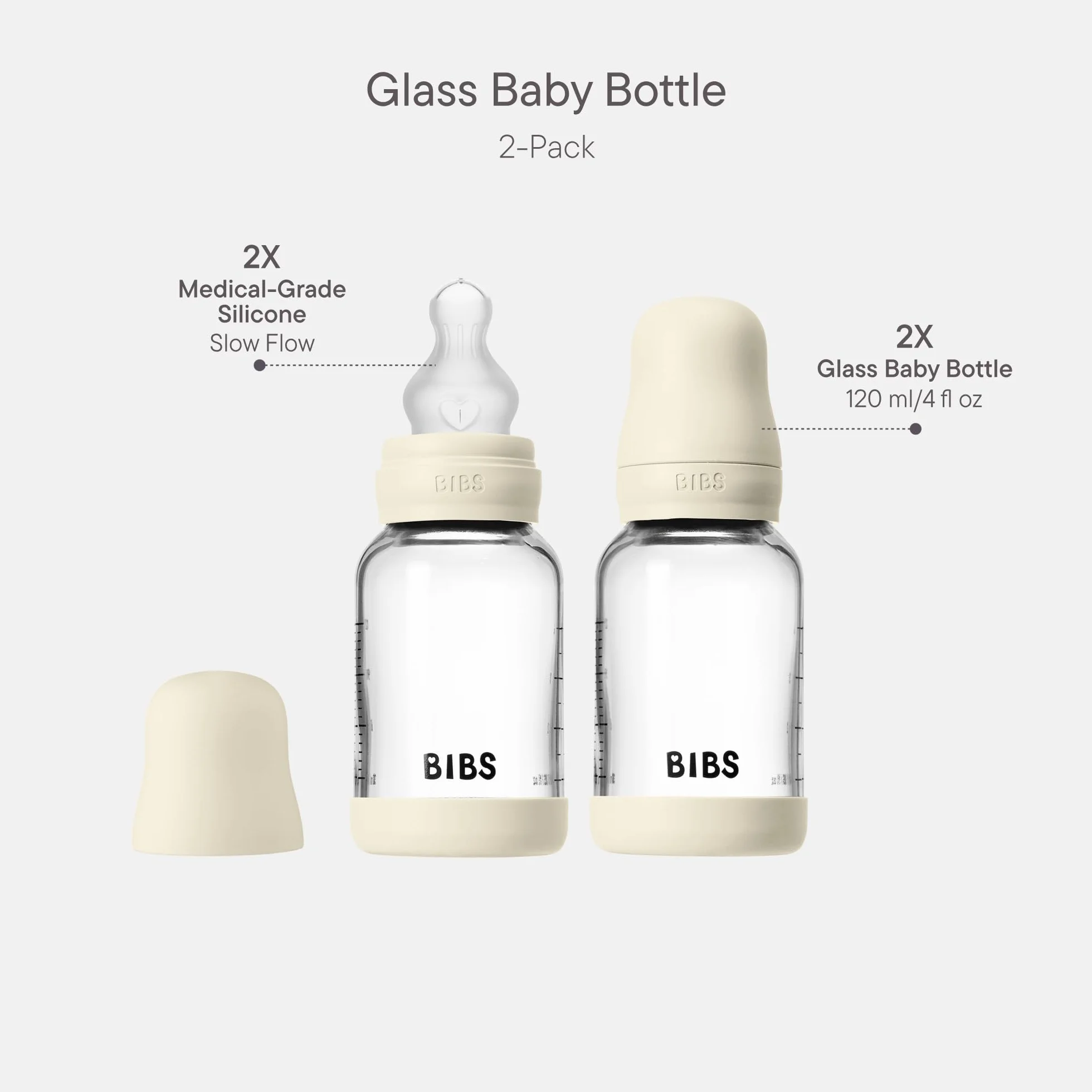 BIBS Baby Glass Bottle. 2-pak. Zapobiega kolce. Okrągły smoczek z Silikon. Wspomaga naturalne karmienie piersią, Complete Set - 120 ml (Pack of 2), Ivory