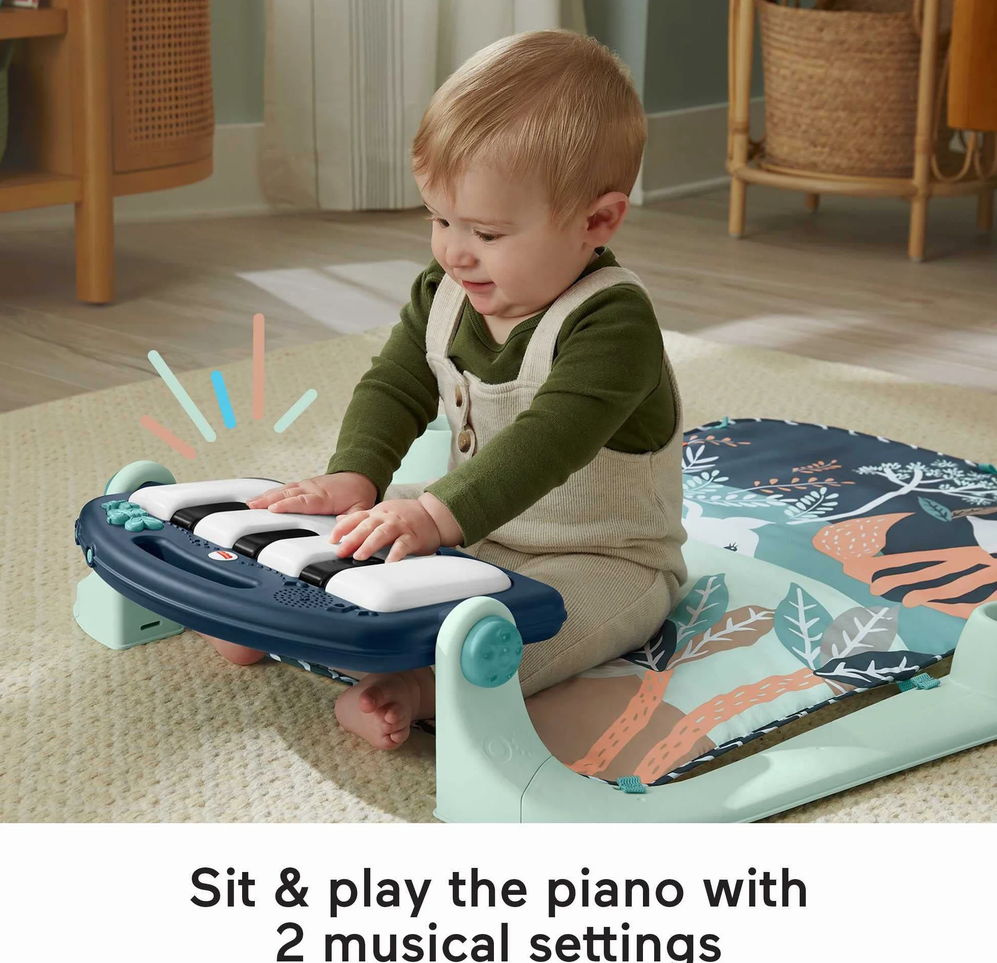 Fisher-Price Mata edukacyjna z pianinkiem, zabawa muzyczna na brzuszku i na siedząco, dla noworodków i niemowlaków, jelonek, jeż, lis HKX37