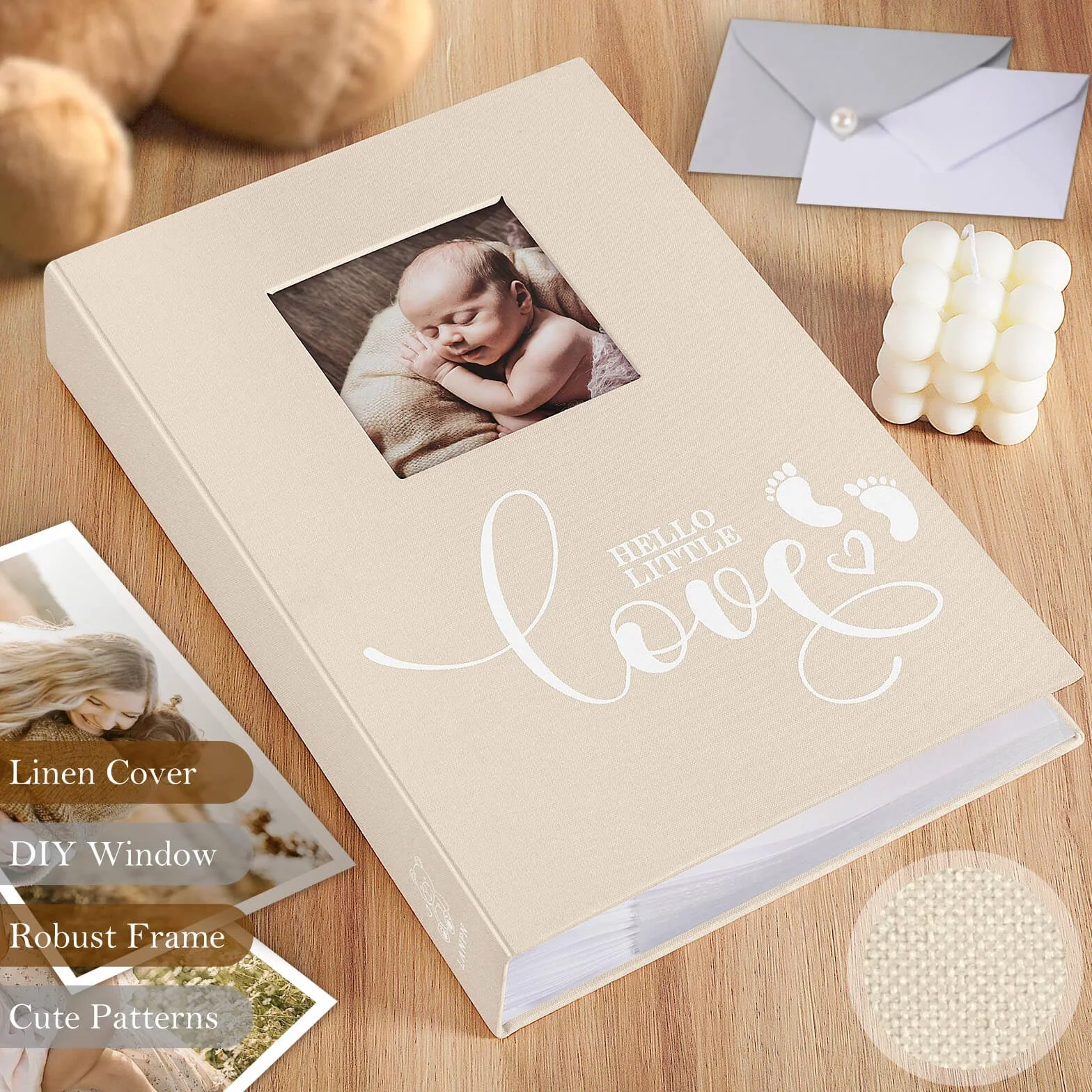 Lanpn Album na zdjęcia dla niemowląt, lniany, twarda okładka, z miejscem do pisania notatek, fotoksiążka Bebe, wsuwana książka z obrazkami, ultradźwięki, prezent na baby shower, beżowy