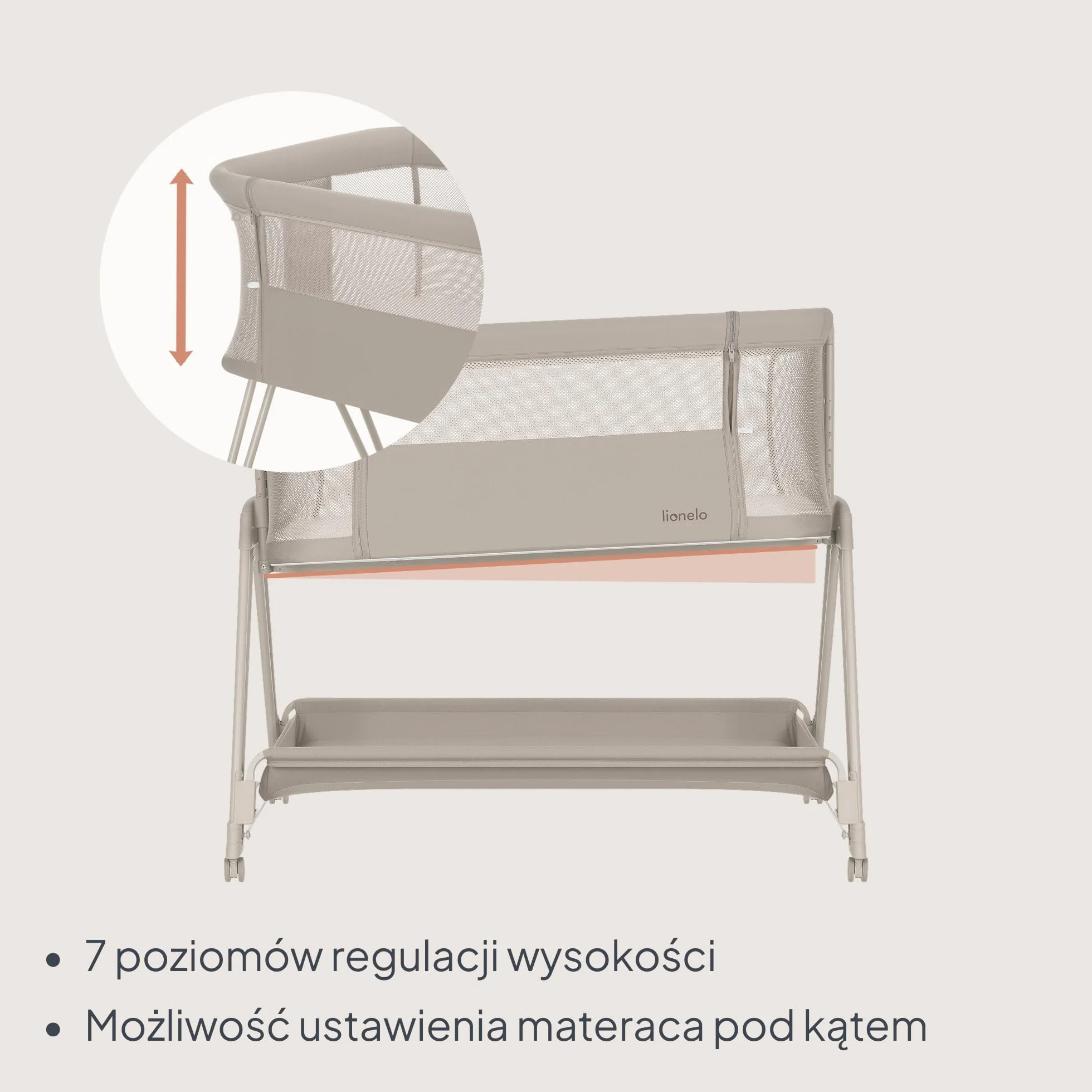 LIONELO Luna przenośne łóżeczko dostawne z materacykiem, co-sleeping, od noworodka do 9 kg. Regulowana wysokość i pochył, 4 kółka z blokadą, mocowanie do łóżka rodziców, przewiewne