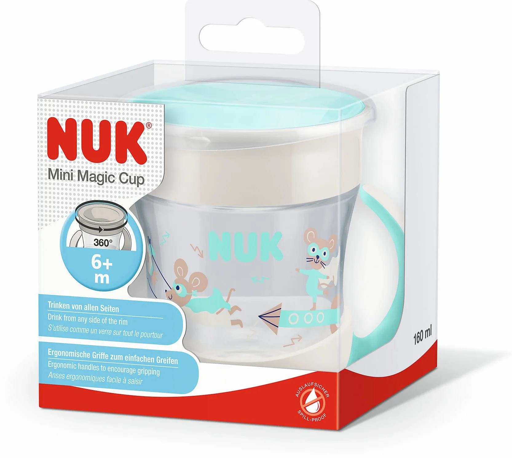 Kubek niekapek NUK Mini Magic Cup | Krawędź zapobiegająca rozlaniom 360° Anti-Spill | Od 6 miesiąca | Wygodne uchwyty | Nie zawiera BPA | 160 ml | Myszka (niebieska)