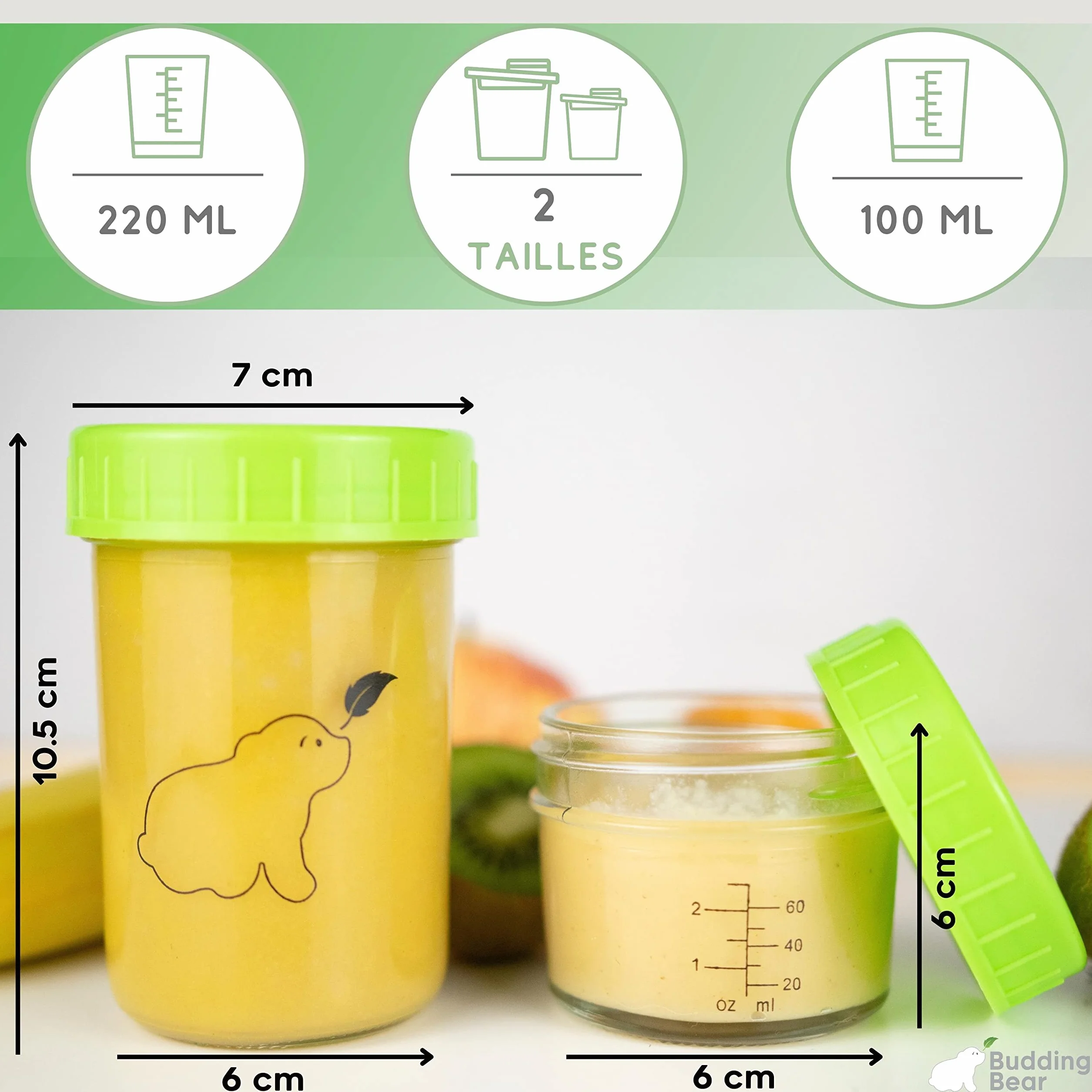 Szklane Pojemniki na Żywność dla Niemowląt (8 szt.) - 2 Rozmiary: Słoiczki 100 ml/3.5 fl oz i Przekąskowe 220 ml/7.5 fl oz - Wielorazowe, do Zmywarki i Mikrofali