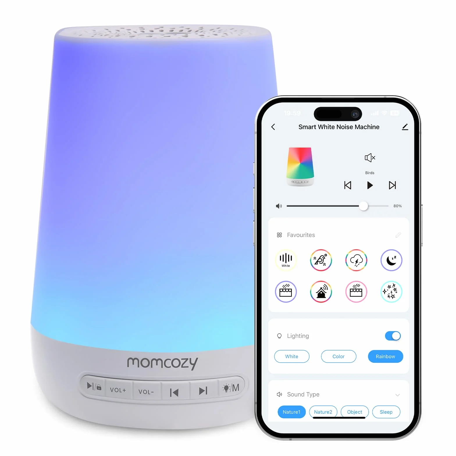 Momcozy White Noise Machine Urządzenie Wspomagające Zasypianie Niemowląt, Biały Szum z 34 Kojącymi Dźwiękami, 7 Kolorów Swiatła Nocnego, Terapia Dźwiękowa|Timer|Pilot Zdalnego Sterowania z Aplikacją
