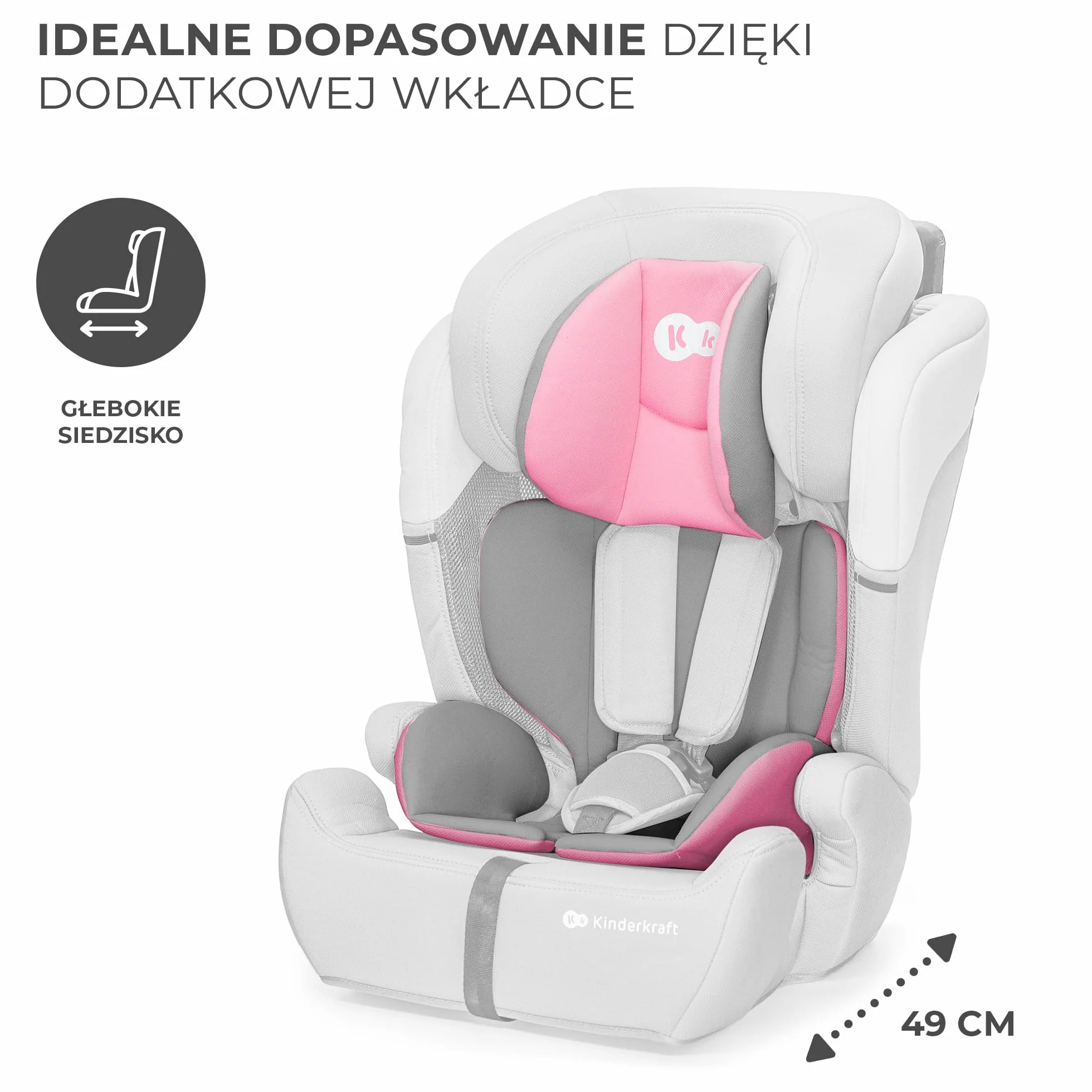 Kinderkraft COMFORT UP Fotelik samochodowy i-Size, Regulowany zagłówek, Poddany testom zderzeniowym, Systemy bezpieczeństwa, Wkładka dla najmłodszych, Norma R129, Grupa ECE I/II/III 9-36 kg, Różowy