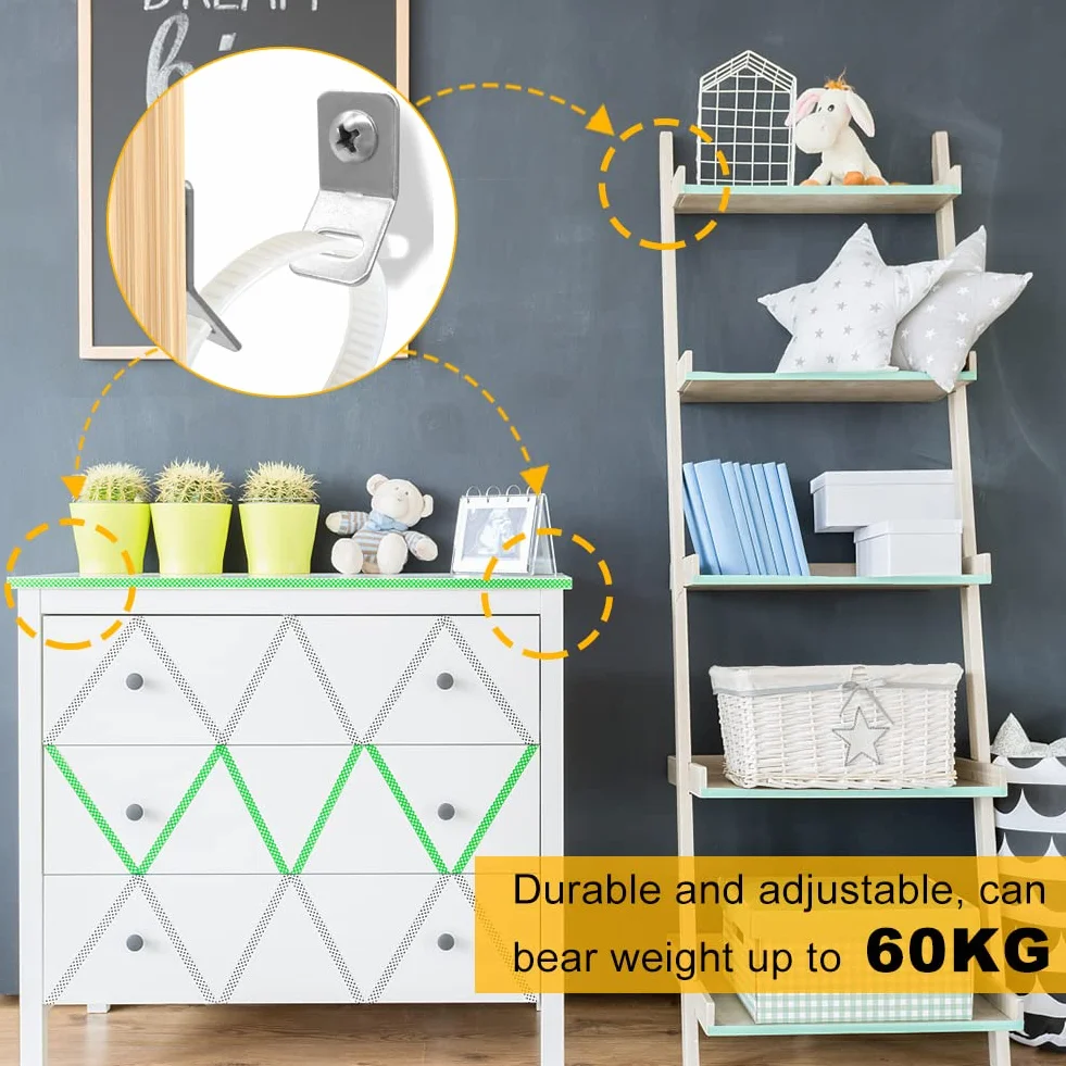 Paski do mebli, zestaw 6 pasków bezpieczeństwa do mebli, kotwice antyprzechyłowe do ściany, zestaw ochronny do mocowania mebli do ściany
