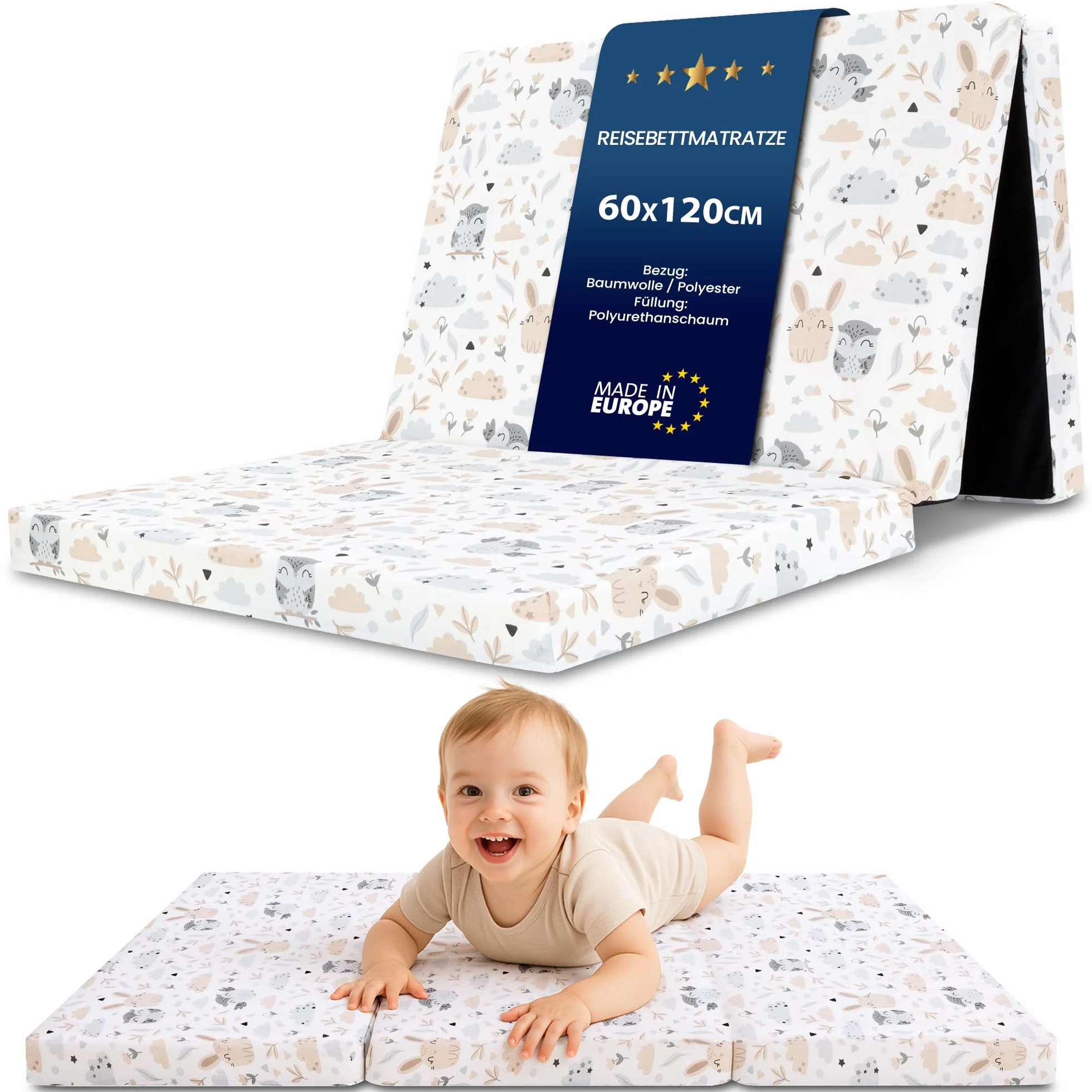 Materac do łóżeczka turystycznego 60x120 cm składany - gruby materac składany dla dziecka materac składany materac dziecięcy łóżeczko turystyczne 120x60 sowy