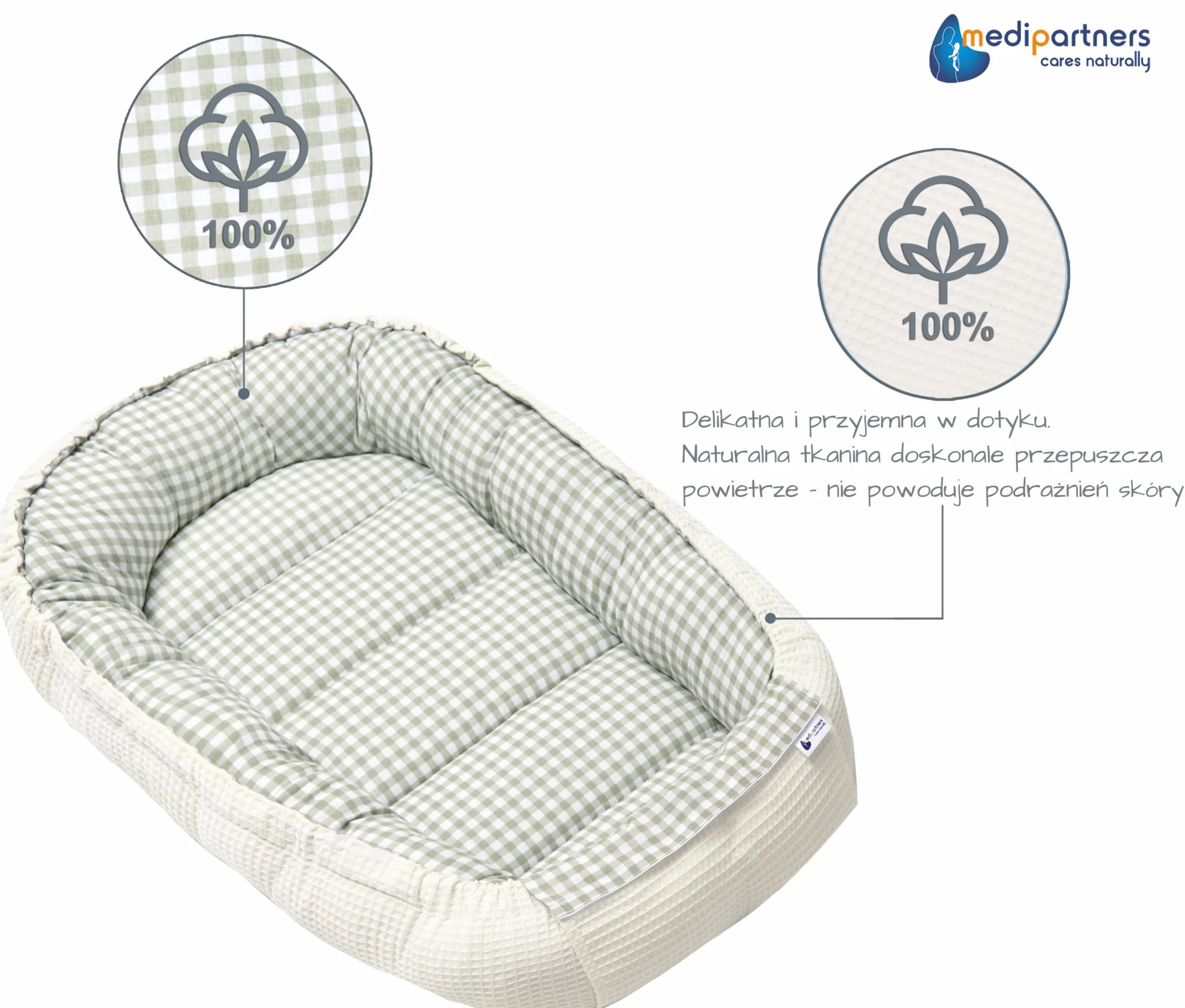 Kokon dla niemowląt 100% Bawełna Wafel 100x60x15cm Antyalergiczne wypełnienie Medi Partners
