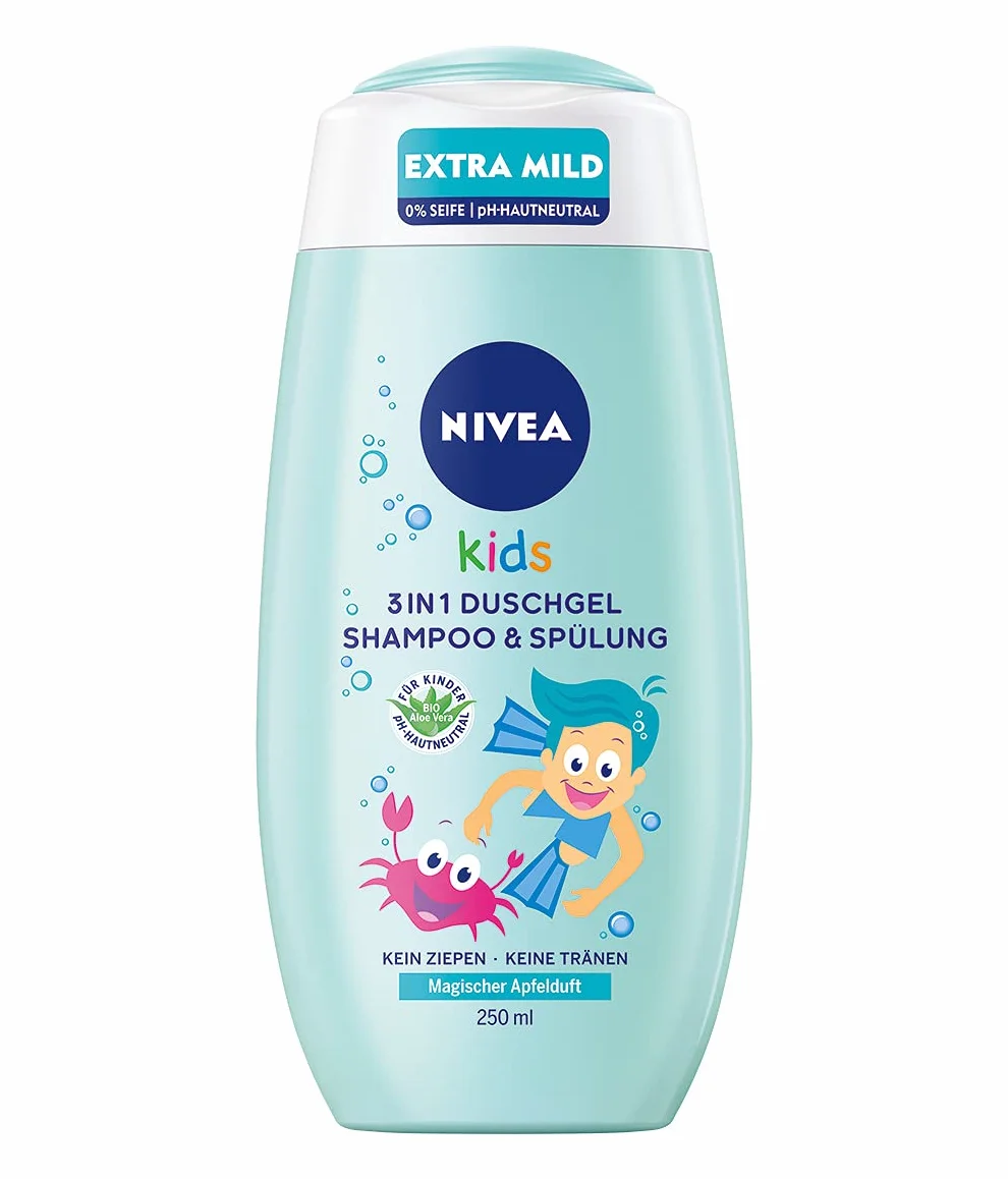 NIVEA KIDS 3 w 1 Duschgel, szampon & spülung (250 ml), pielęgnacja i pielęgnacja dla dzieci z magicznym odprowadzeniem, extra milde & seifenfreie Haar- und Hautpflege dla dzieci