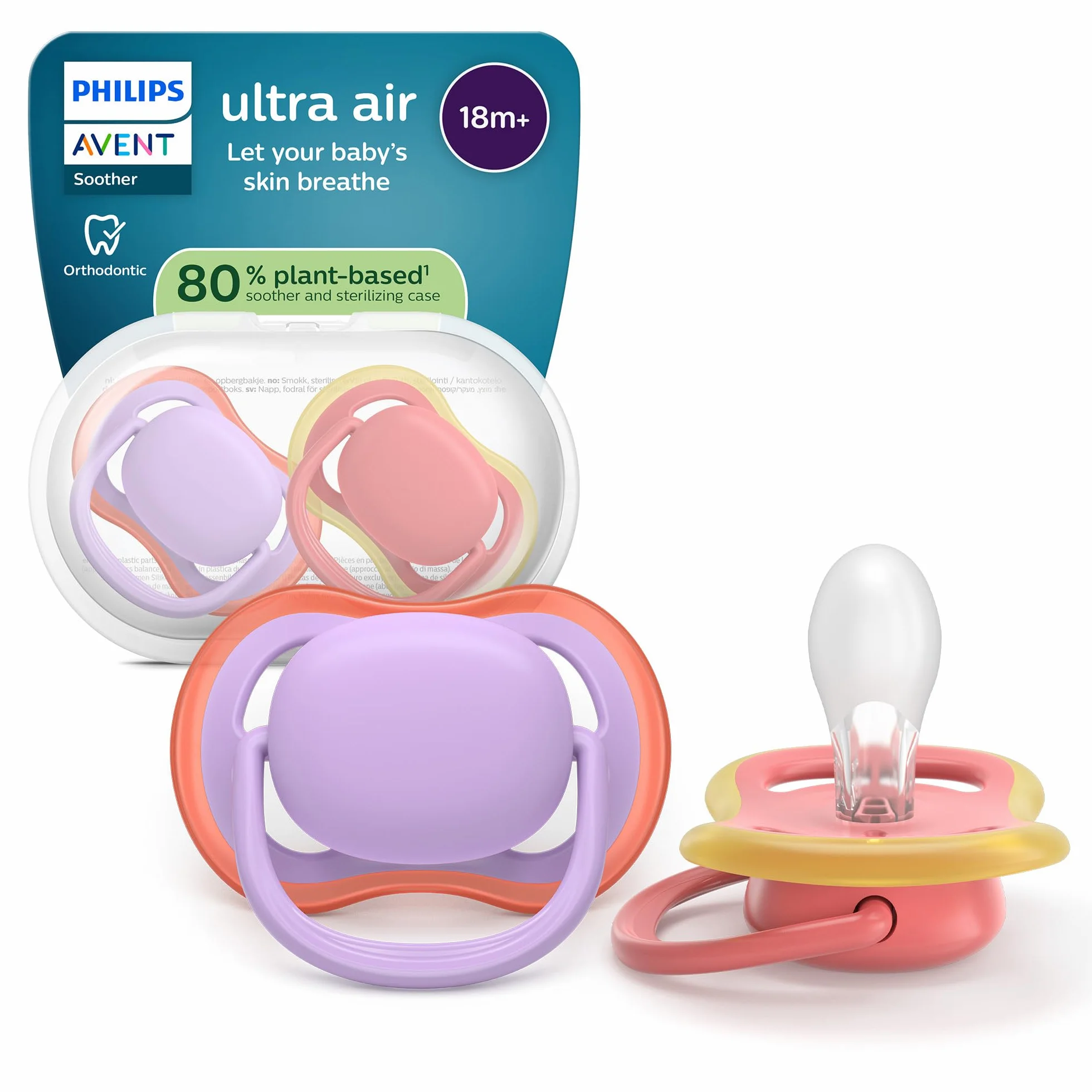 Philips Avent Ultra Air Smoczki — ortodontyczny smoczek dla dzieci w wieku ponad 18 miesięcy, symetryczna miękka silikonowa końcówka, bez BPA, z etui do sterylizacji, 2 sztuki, SCF349/46
