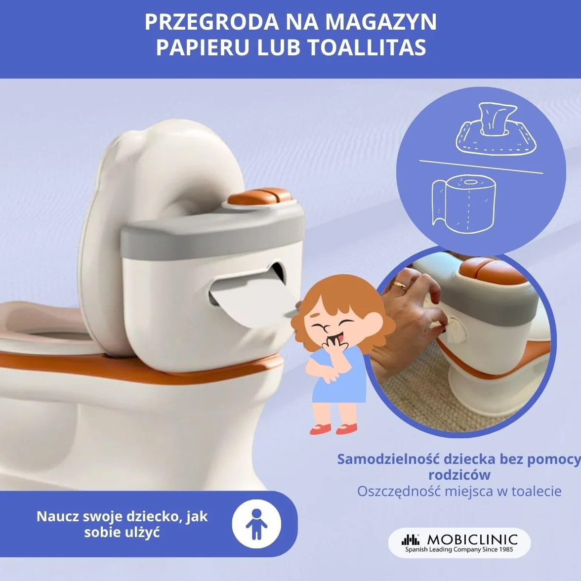 Mobiclinic® kids, Nocnik dla dzieci, Toikid, Wiek 1-6 lat, Z pokrywką, Dźwięk spłukiwania, Przegroda na papier toaletowy, Zasilany bateriami, Wyjmowana misa, Nieprzemakalne siedzisko