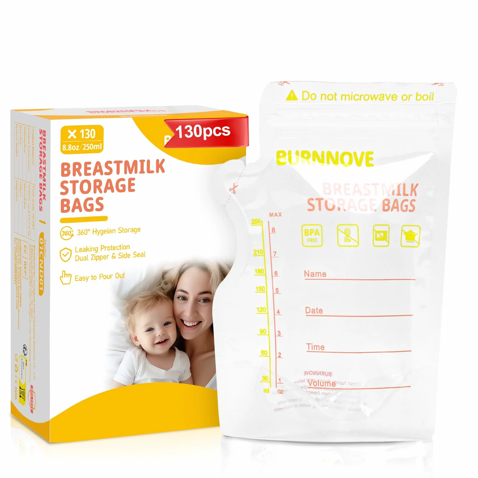 BURNNOVE Torebki do Przechowywania Mleka Matki 130 torebek 250 ml Bez BPA Podwójny zamek Błyskawiczny Szczelne Zagęszczone i Bezwonne Wstępnie Sterylizowane Można Zamrażać