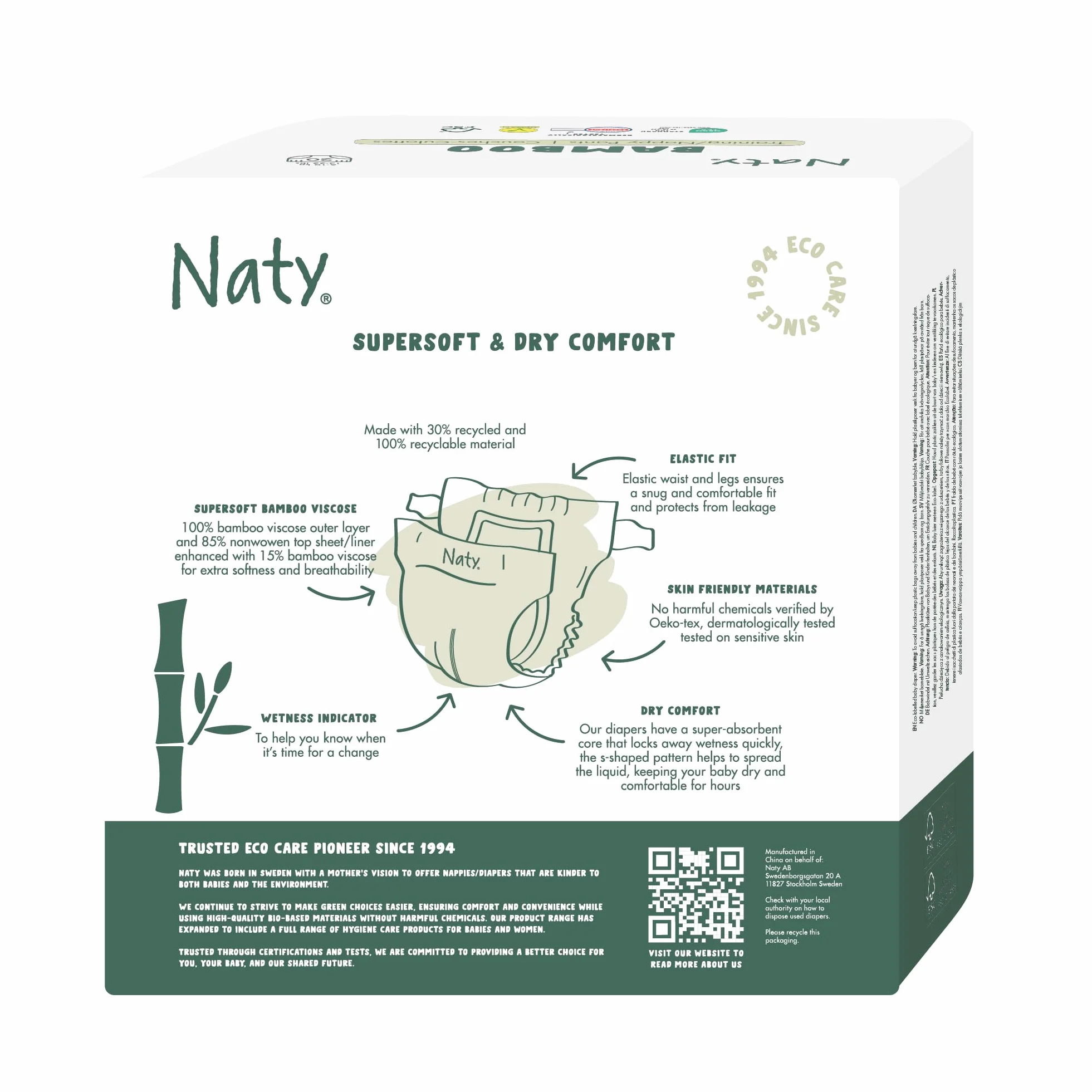 Naty Pieluchy z wiskozy bambusowej – jedwabiście miękka, roślinnego pochodzenia, dermatologicznie testowana dla wrażliwej skóry, superchłonna (Rozmiar 4, 144 szt.)