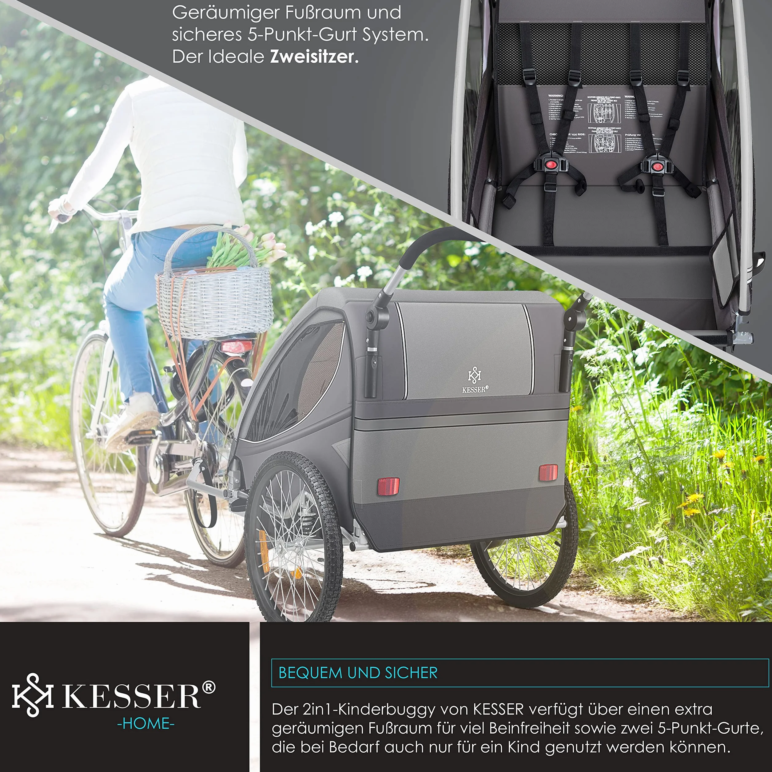 KESSER® Cruiser Child Trailer Przyczepka rowerowa 360° obrotowa z zawieszeniem 2w1 Funkcja Jogger Dziecięca przyczepka rowerowa + 5-punktowe szelki Jogger Przyczepka rowerowa max. 40kg