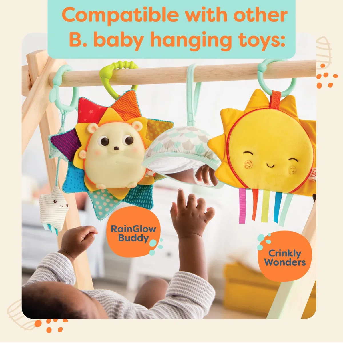 B. toys – Drewniany pałąk do zabawy dla niemowląt – mata aktywności – gwiaździste niebo – 3 wiszące zabawki sensoryczne – naturalne drewno – niemowlęta, dzieci