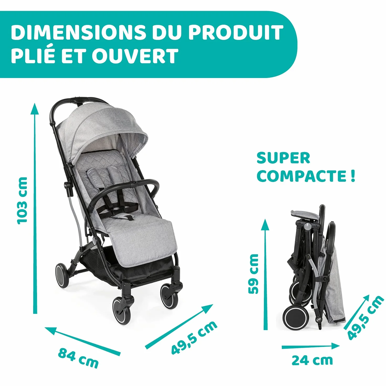 Chicco Trolley Me Lekki Wózek Spacerowy Dla Dzieci od Urodzenia do 15 kg, Rozkładane Oparcie, Składany jak Walizka, Kompaktowy Po Złożeniu, Koszyk, Okrycie Przeciwdeszczowe, Powiększana Budka