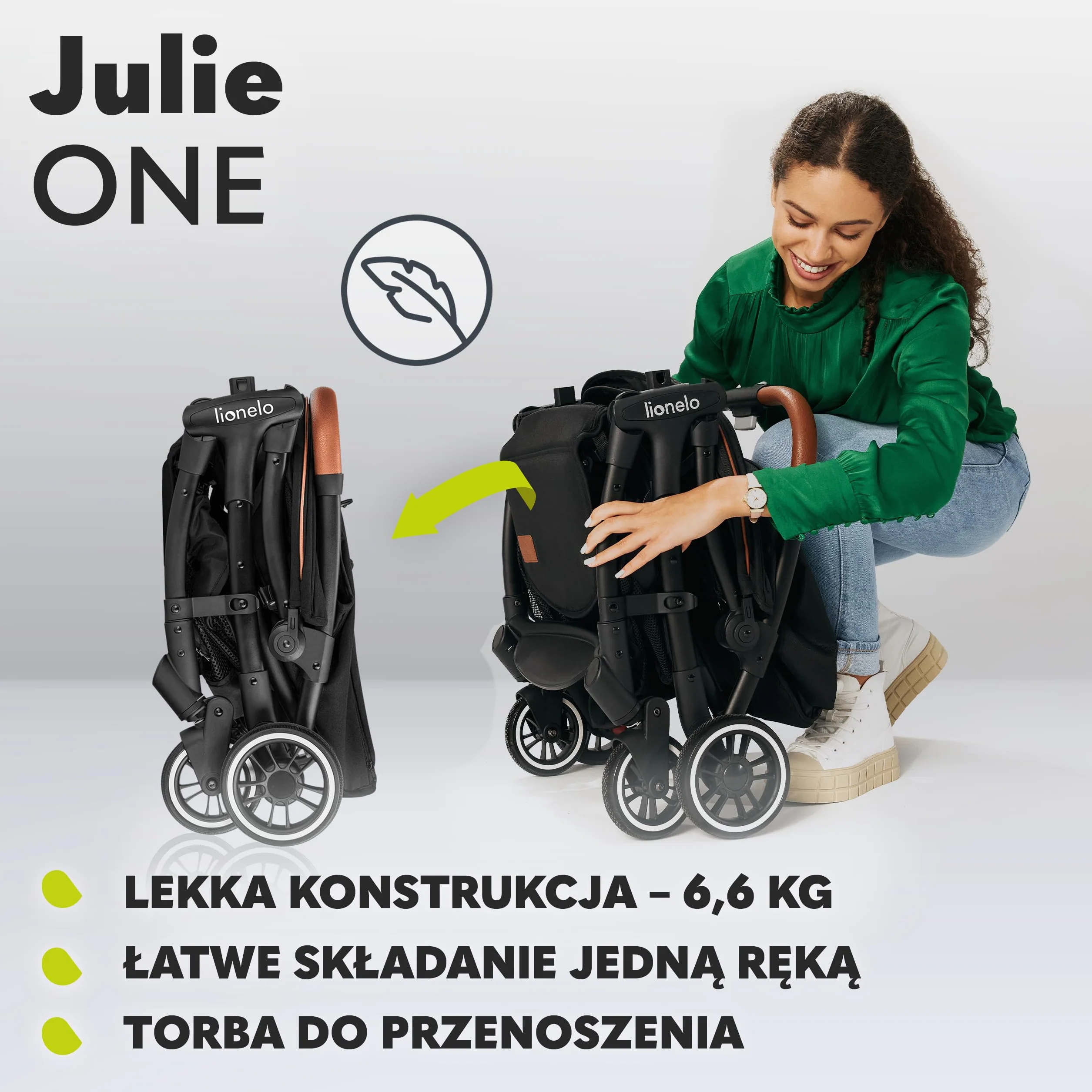 LIONELO Julie One wózek spacerowy do 22kg, regulacja oparcia od pozycji siedzącej do leżącej, regulowany podnóżek, ocieplacz na nóżki, moskitiera, torba do transportu (Golden Moments)