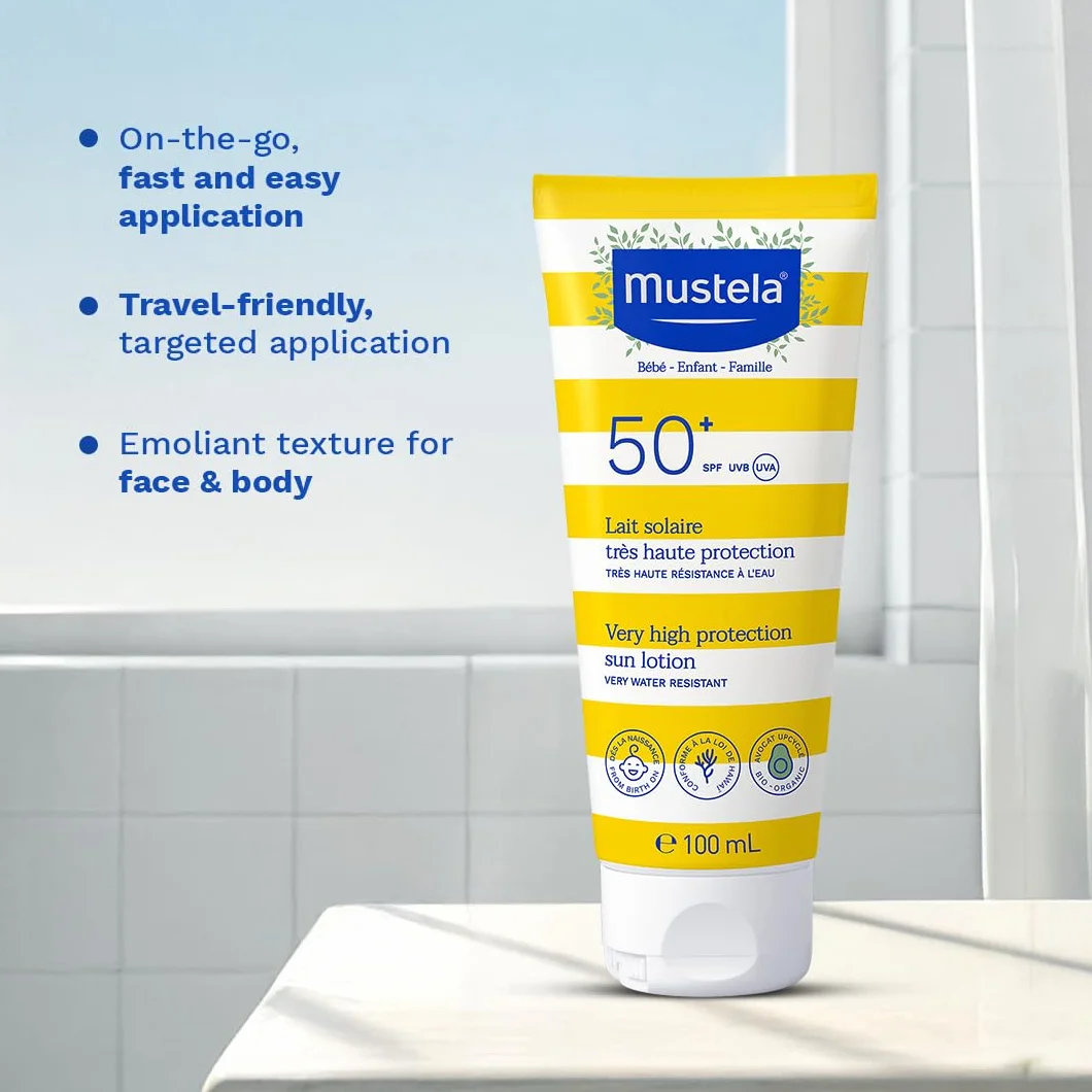 Mustela - Krem przeciwsłoneczny o bardzo wysokim współczynniku ochrony SPF 50+, do twarzy i ciała dla niemowląt i dzieci, 100 ml