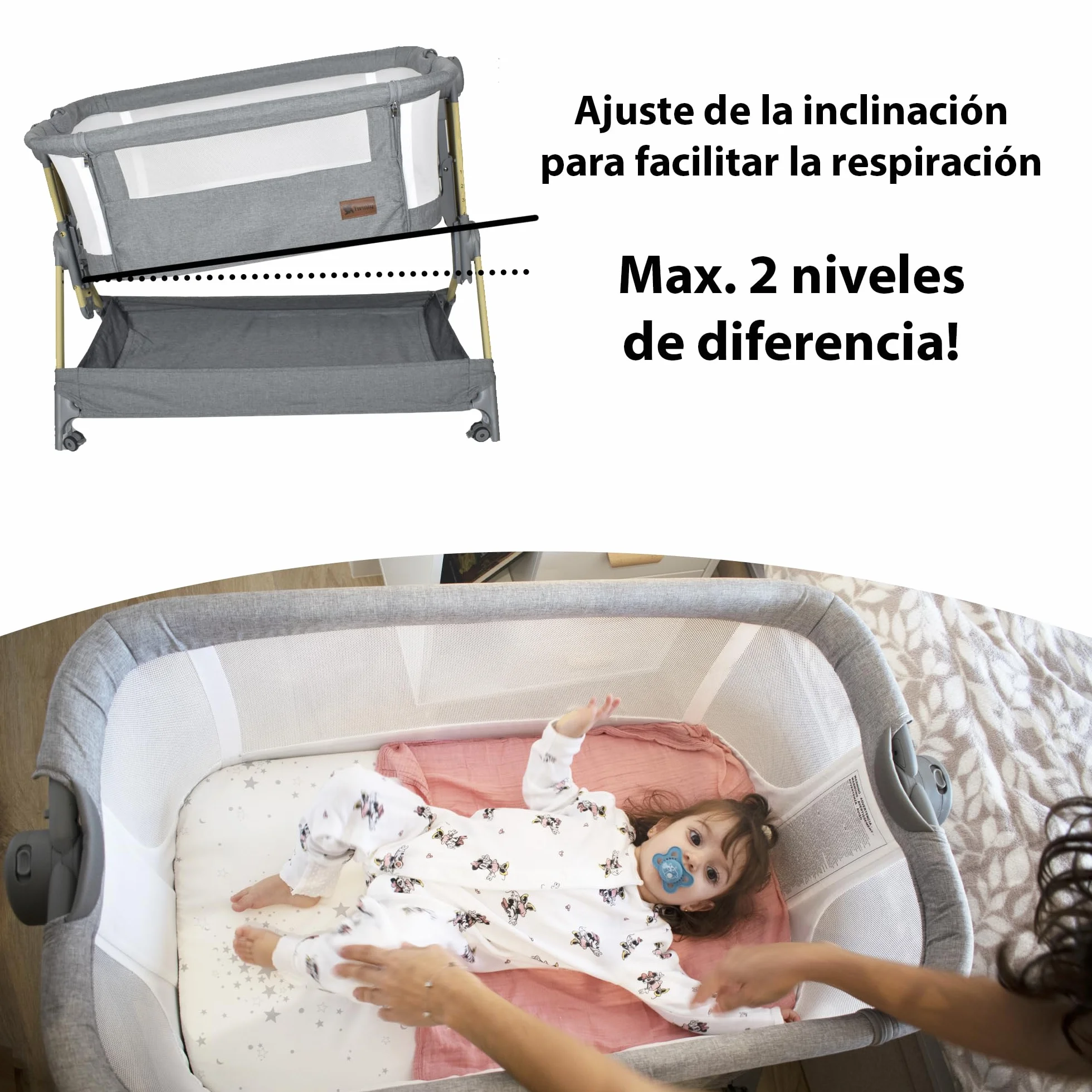 Twinly Comfortly 2 w 1 składane łóżeczko dziecięce z kółkami, regulowana wysokość, materac w zestawie