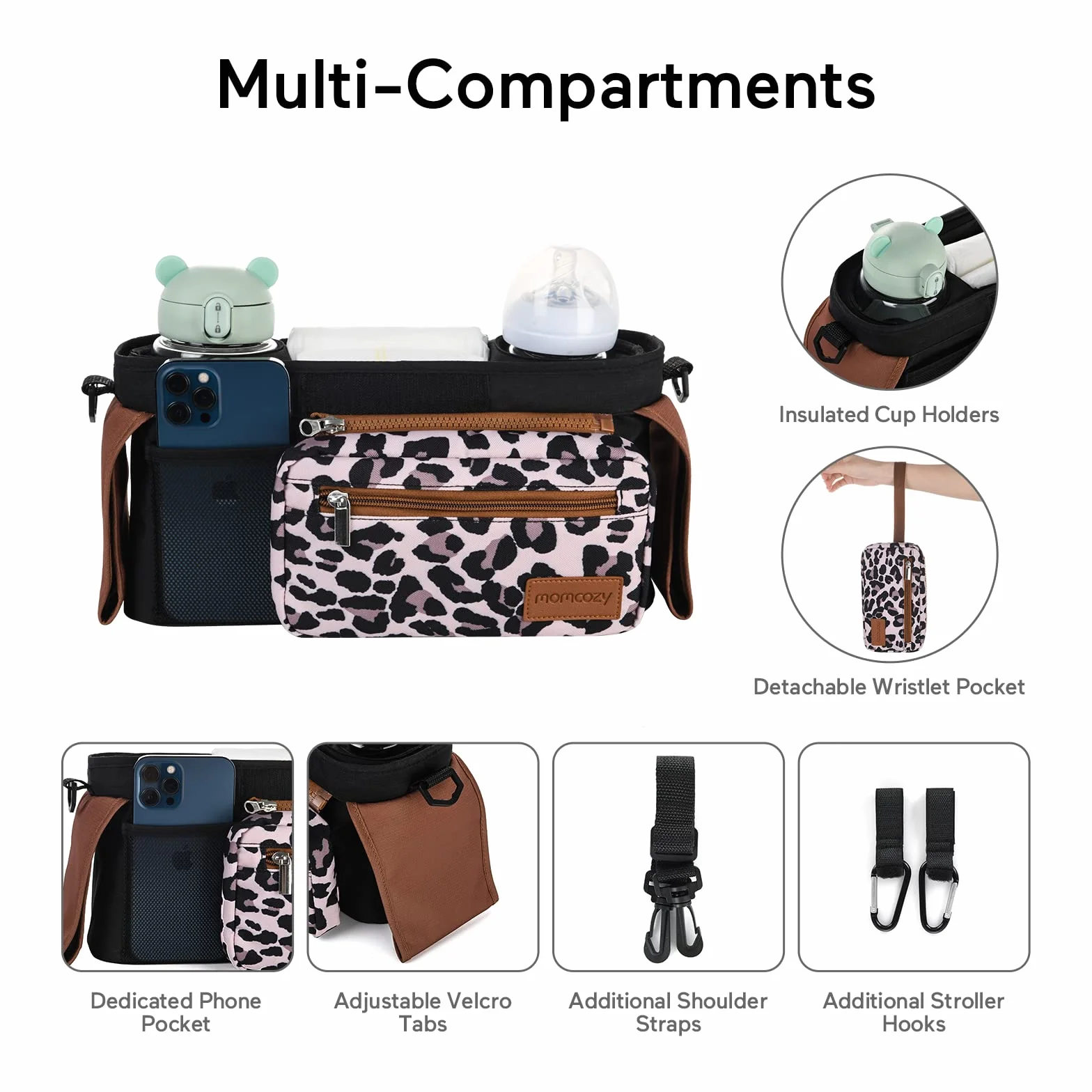 Organizer do wózka spacerowego Momcozy Torba na wózek Organizator wielofunkcyjny na wózek dziecięcy z odpinanym kieszeniem, kieszenią na telefon komórkowy, 2 uchwytami na kubki i paskiem na ramię