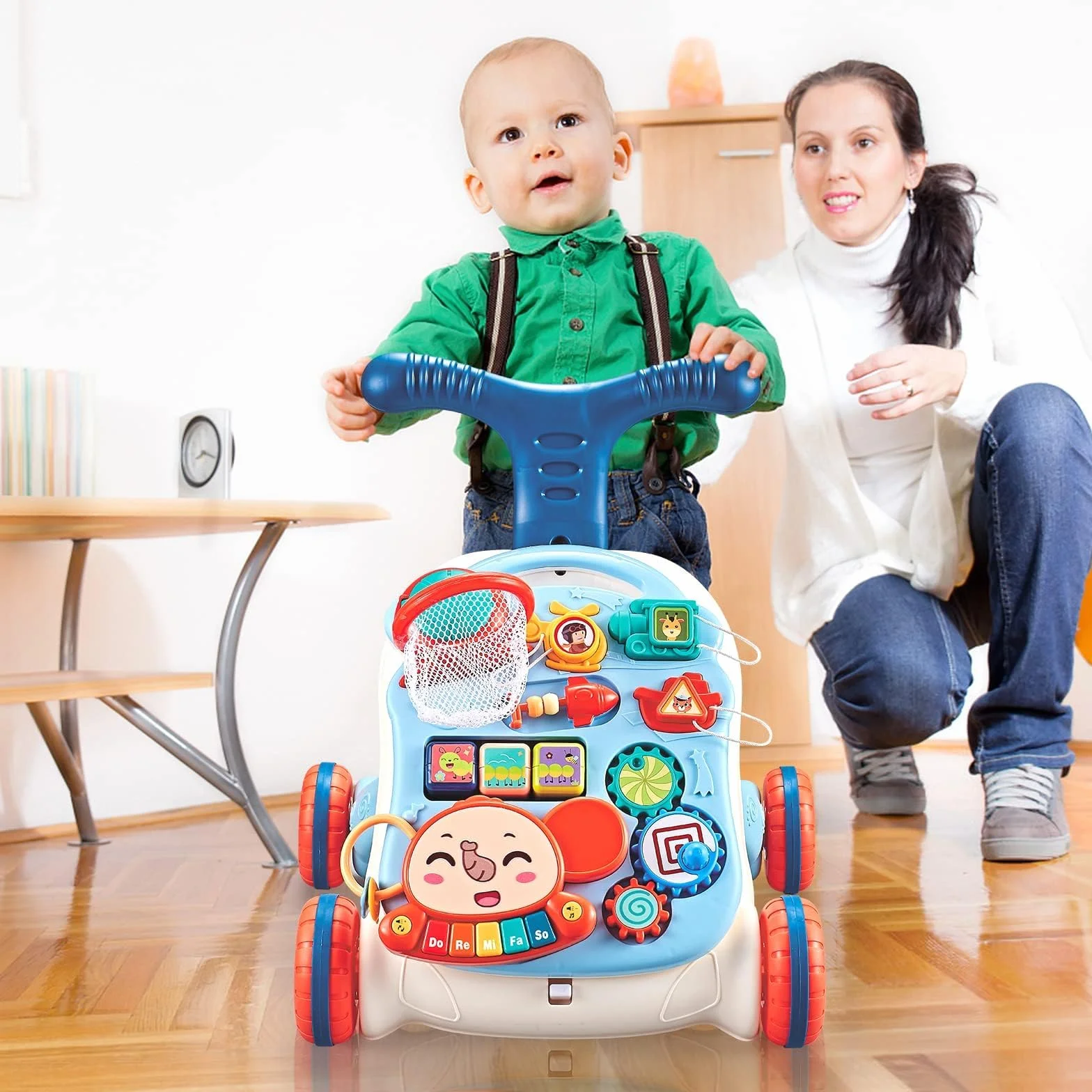 Wózek do nauki chodzenia 2w1 Montessori z zabawką i dźwiękami, regulowana prędkość, dla dzieci od 6 miesięcy