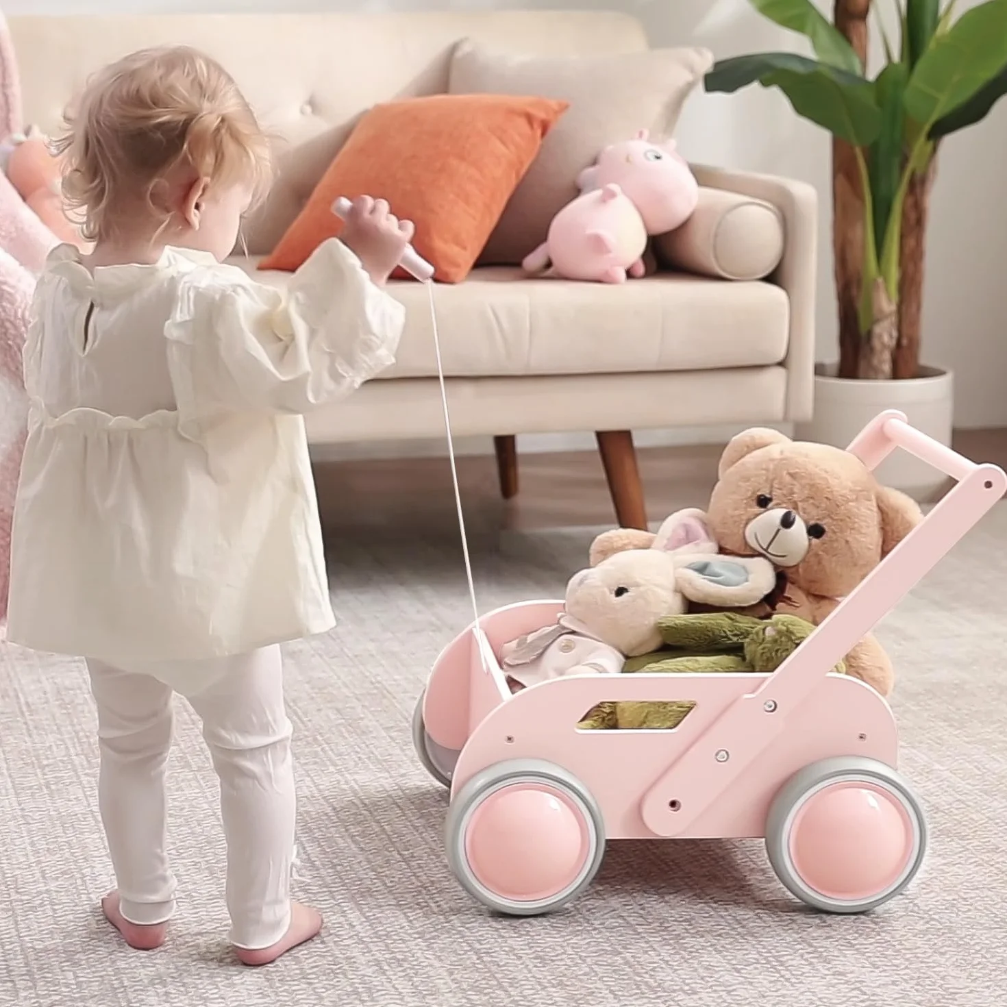 Różowy drewniany wózek do nauki chodzenia Baby Walker dla dzieci z kółkami