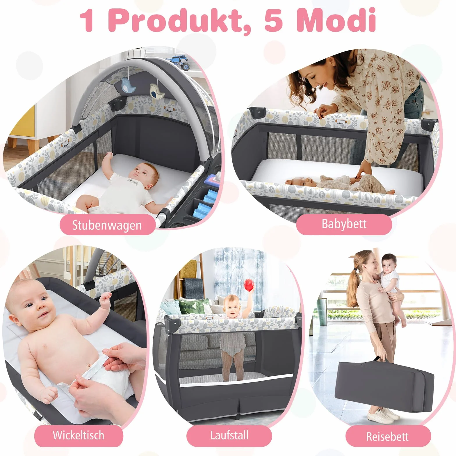 COSTWAY Łóżko podróżne 5 w 1 z materacem, łóżko pomocnicze, składane z regulowanym daszkiem, łóżeczko dziecięce z podkładką do przewijania, pozytywką i torbą do przenoszenia, obciążenie do 15 kg