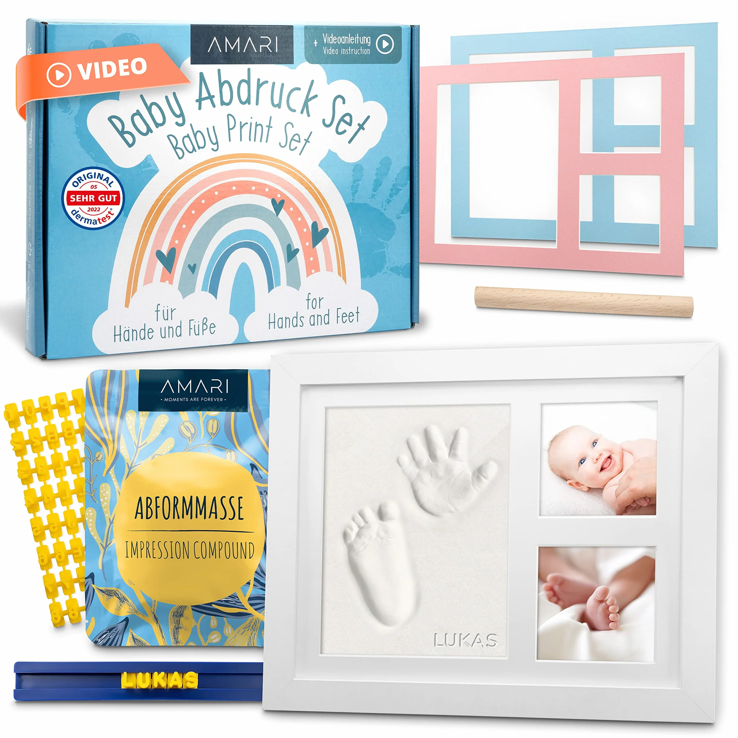 Zestaw odcisków gipsowych dla niemowląt z ramką na zdjęcia - prezent na baby shower (tęczowy)