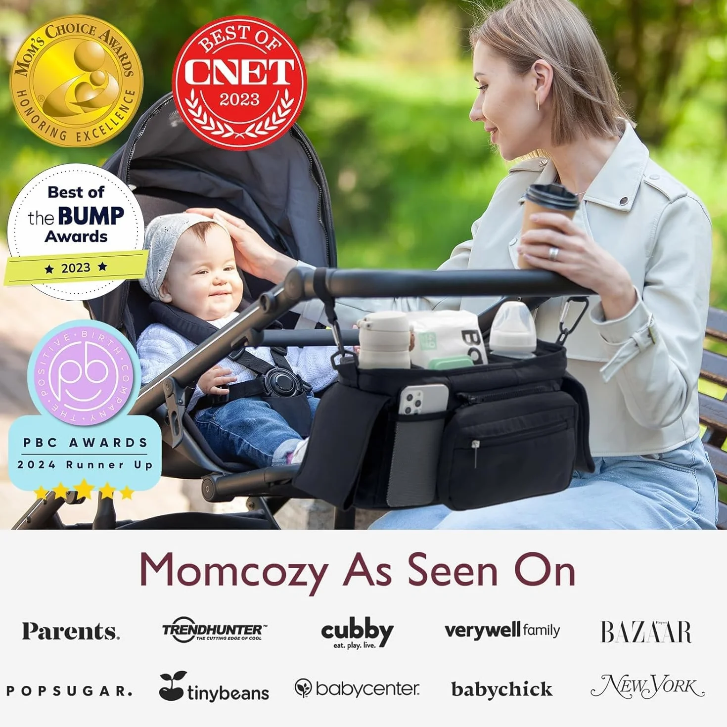 Momcozy Organizer do wózka dziecięcego, 3 izolowane uchwyty na kubek, odpinana kieszeń zapinana na zamek, regulowany pasek na ramię, duża pojemność na niezbędne akcesoria dla niemowląt, kompaktowa