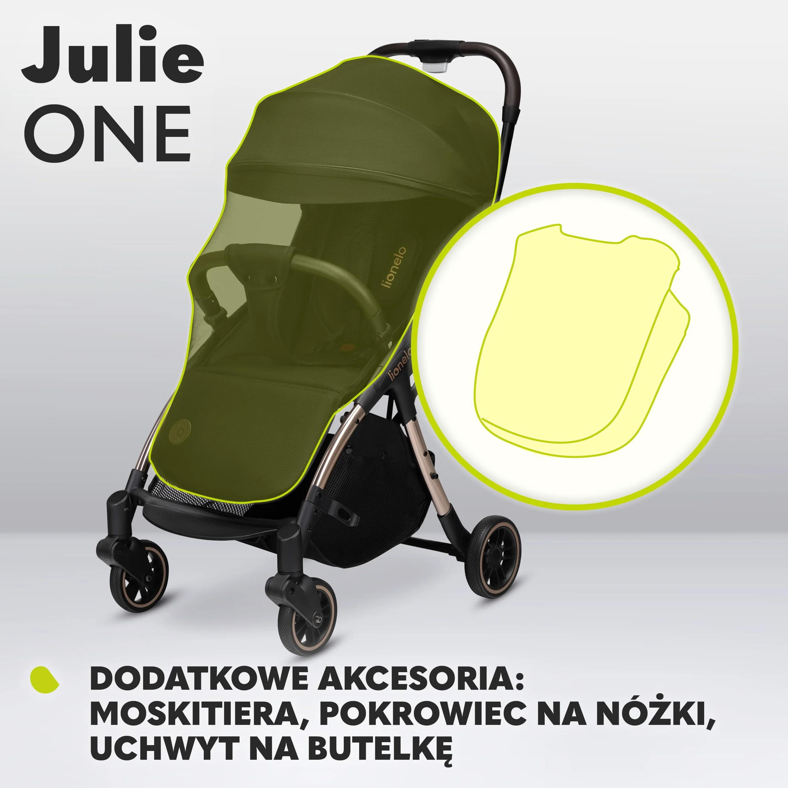 LIONELO Julie One wózek spacerowy do 22kg, regulacja oparcia od pozycji siedzącej do leżącej, regulowany podnóżek, ocieplacz na nóżki, moskitiera, torba do transportu (Golden Moments)