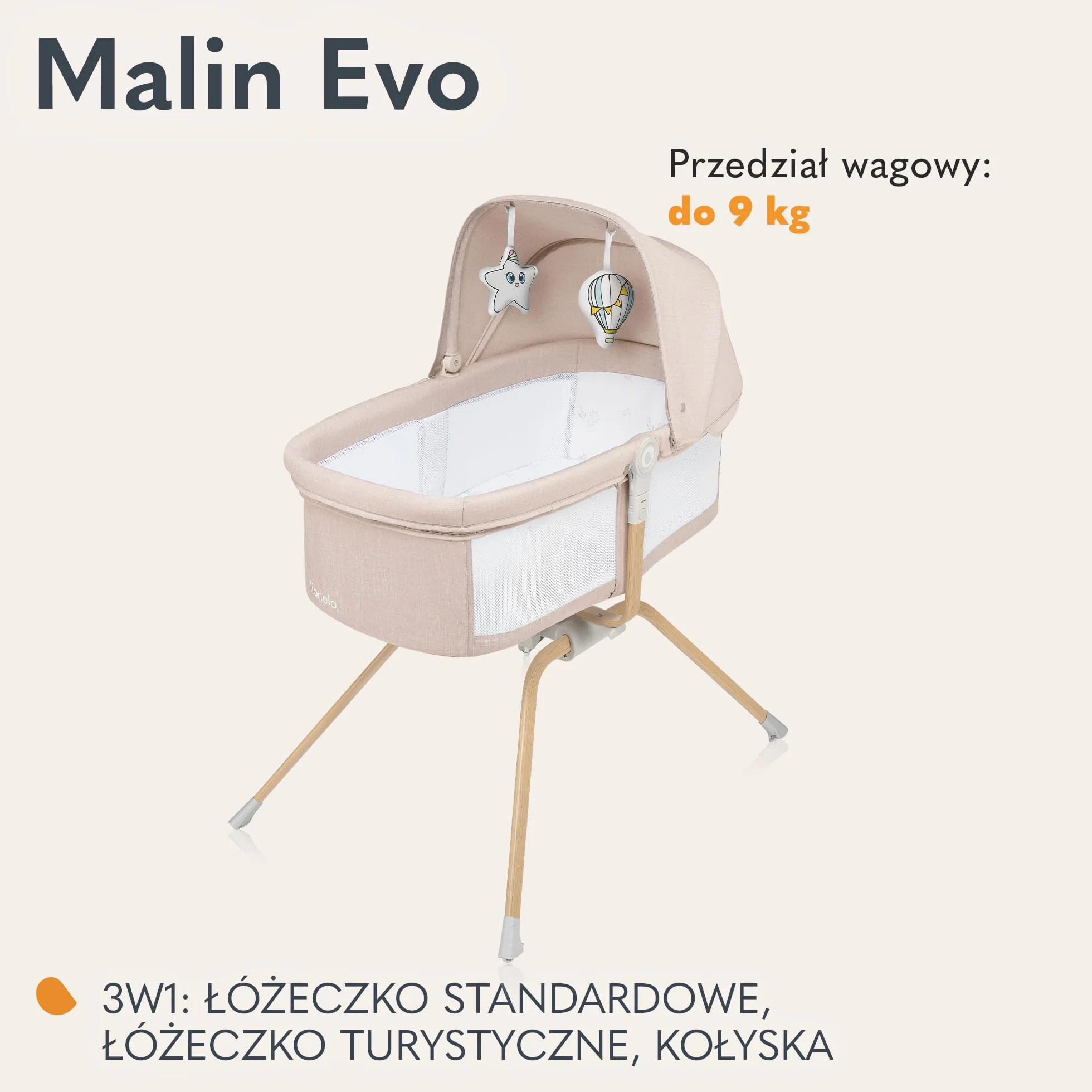 LIONELO Malin Evo Łóżeczko Dziecięce 3 w 1 Turystyczne, Kołyska dla Niemowląt od 0 do 9kg, Daszek Moskitiera 2 Zabawki, Regulacja Nachylenia Szybki Montaż, 2 Koła,Torba