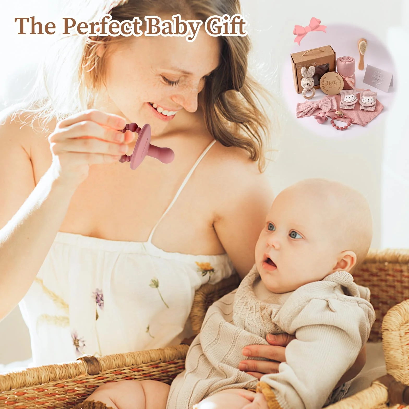 WOODEN TEETHER Zestaw 10-częściowy dla dziewczynki, prezent dla dziewczynki i chłopca dla noworodka, ręczniki kąpielowe, uchwyt na smoczek, dzwoneczek, kartki z kamieniami milowymi, fartuchy