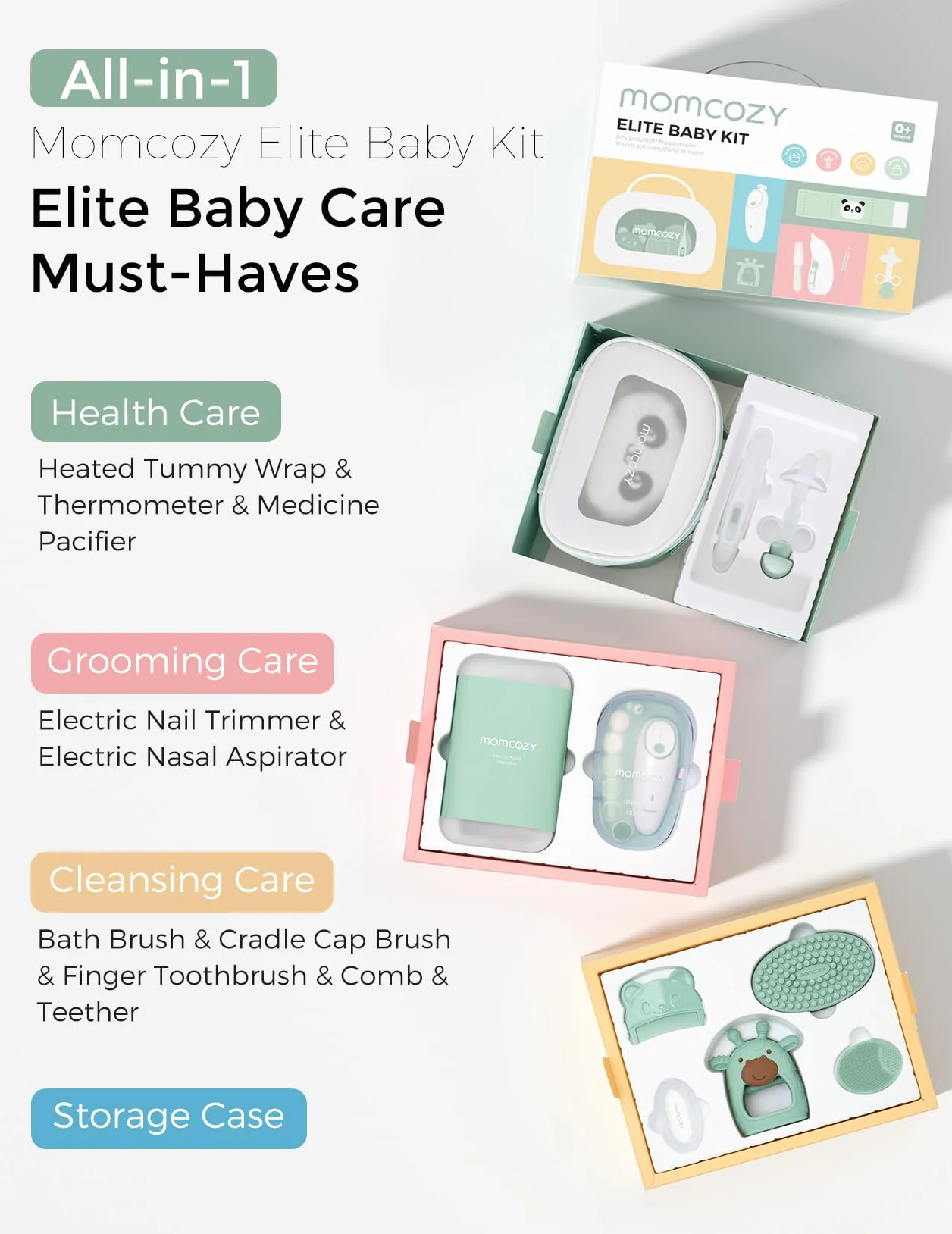 Momcozy Elite Zestaw Pielęgnacyjny dla Niemowląt, Premium Zestaw na Prysznic dla Niemowląt & Zestaw Wyposażenia Pierwotnego, do Pielęgnacji & Zdrowia & Czyszczenia, Elektryczna Pilniczka do Paznokci