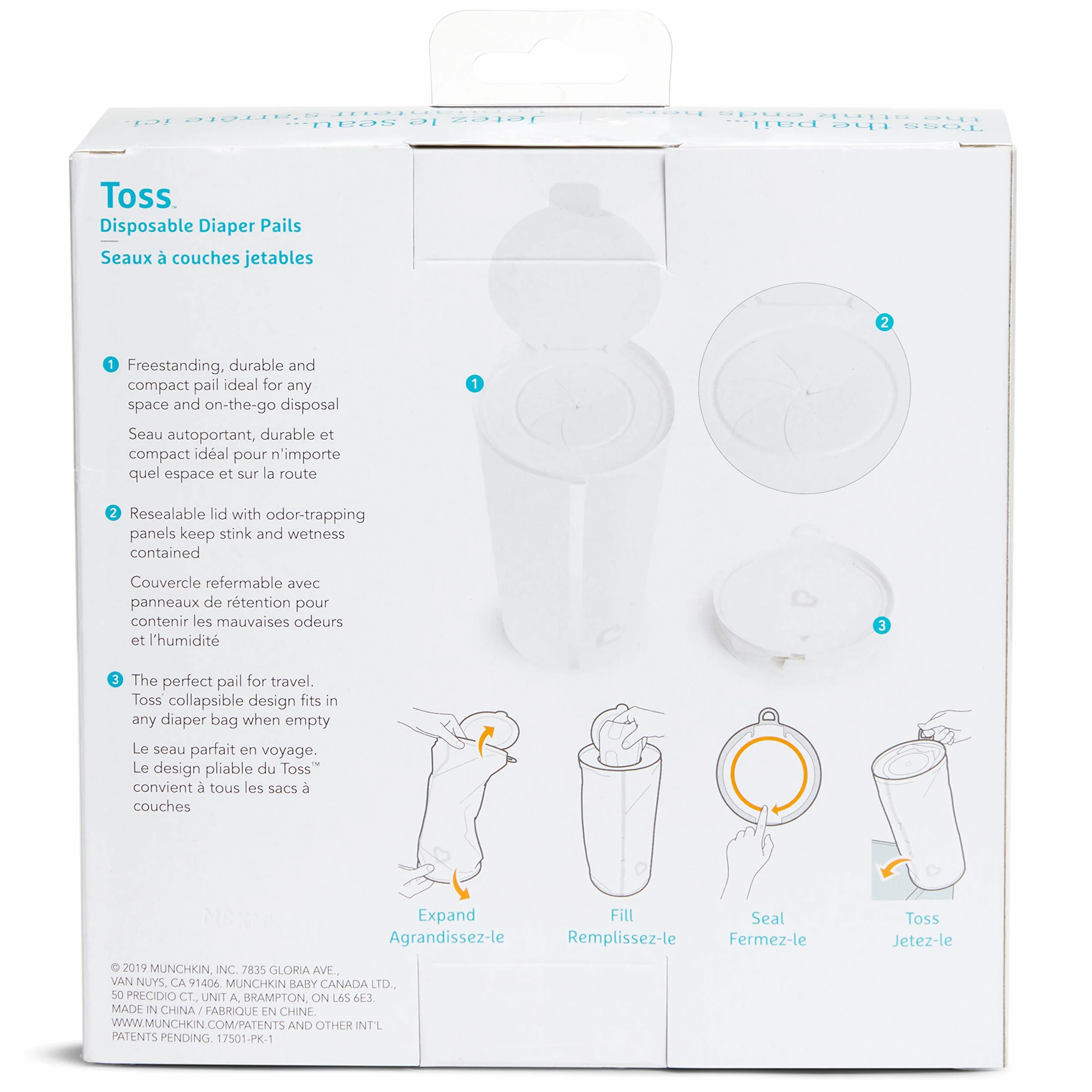 Munchkin Toss Portable Disposable Diaper Pail, 3 Pack, Holds 90 Diapers