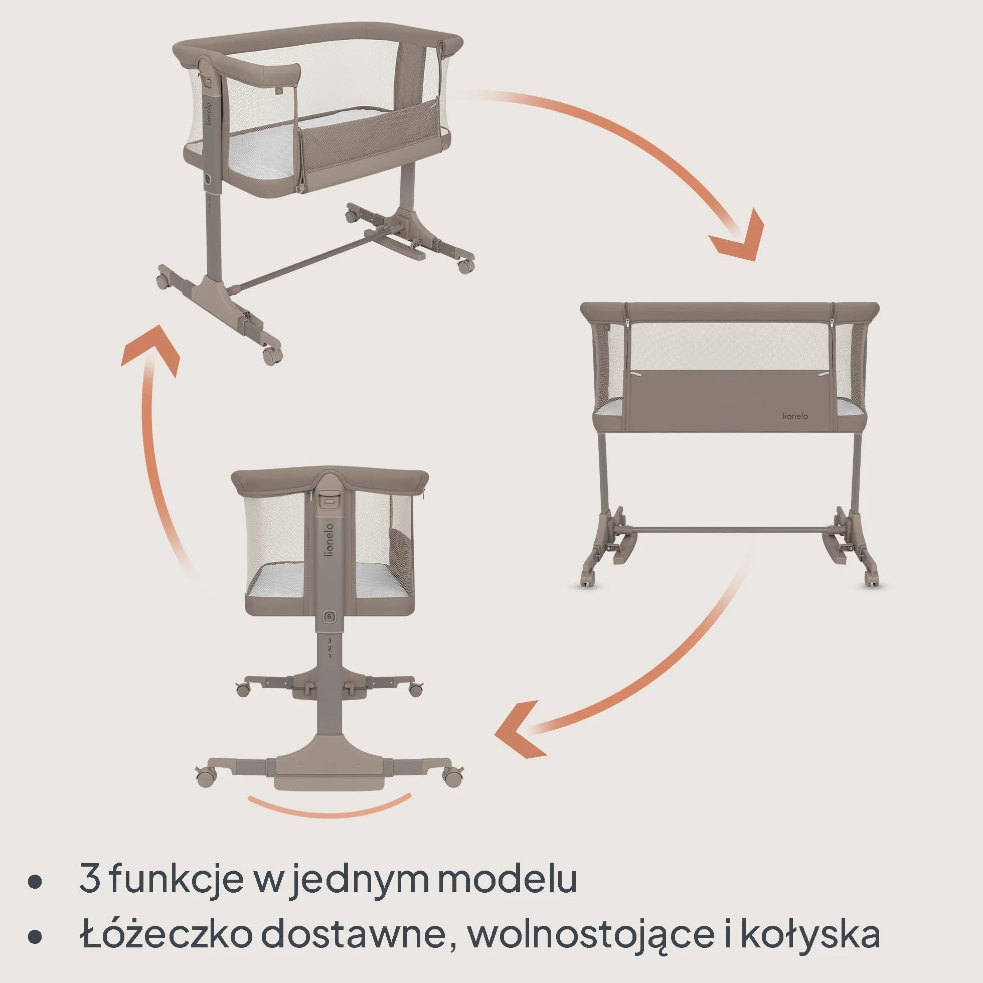 Lionelo PARI łóżeczko nocne 3 w 1 regulowane 6 poziomów kołysanie pochylany materac siatka zamykane kółka torba podróżna