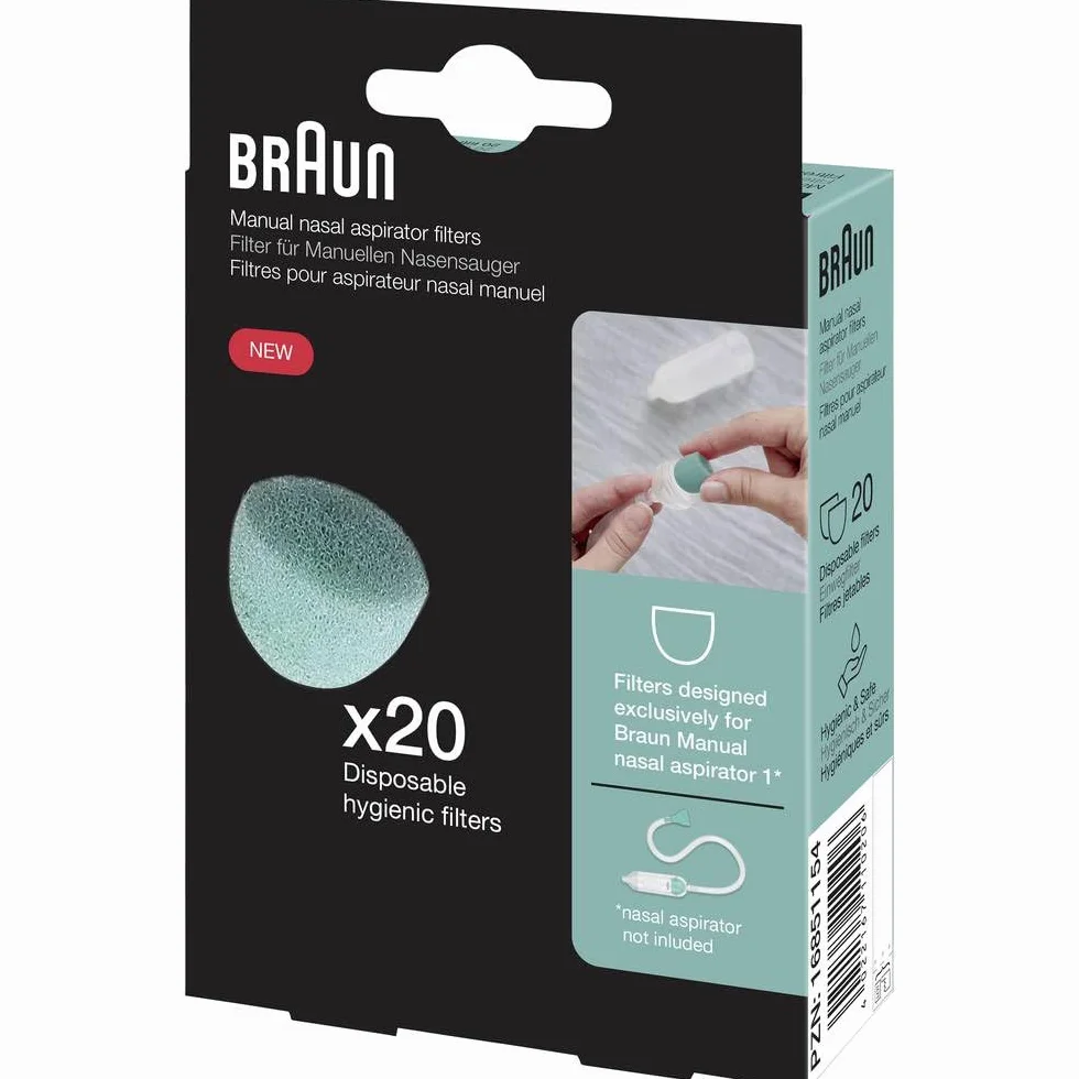 Braun Filtry do Ręcznego aspiratora do nosa 1 | 20 sztuk | Jednorazowe, higieniczne filtry | Do użytku z Braun Ręcznym aspiratorem do nosa 1 | BNF020