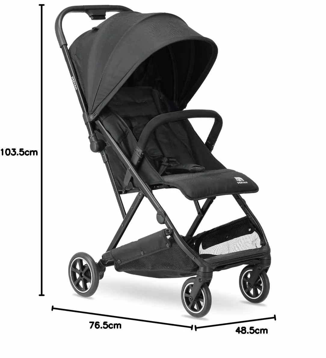 Deryan Easy Travel Buggy – dla dzieci od urodzenia do 22 kg z funkcją leżenia – ultralekki 7,5 kg – składany jedną ręką, UPF 50+, kosz do 3 kg (czarny)