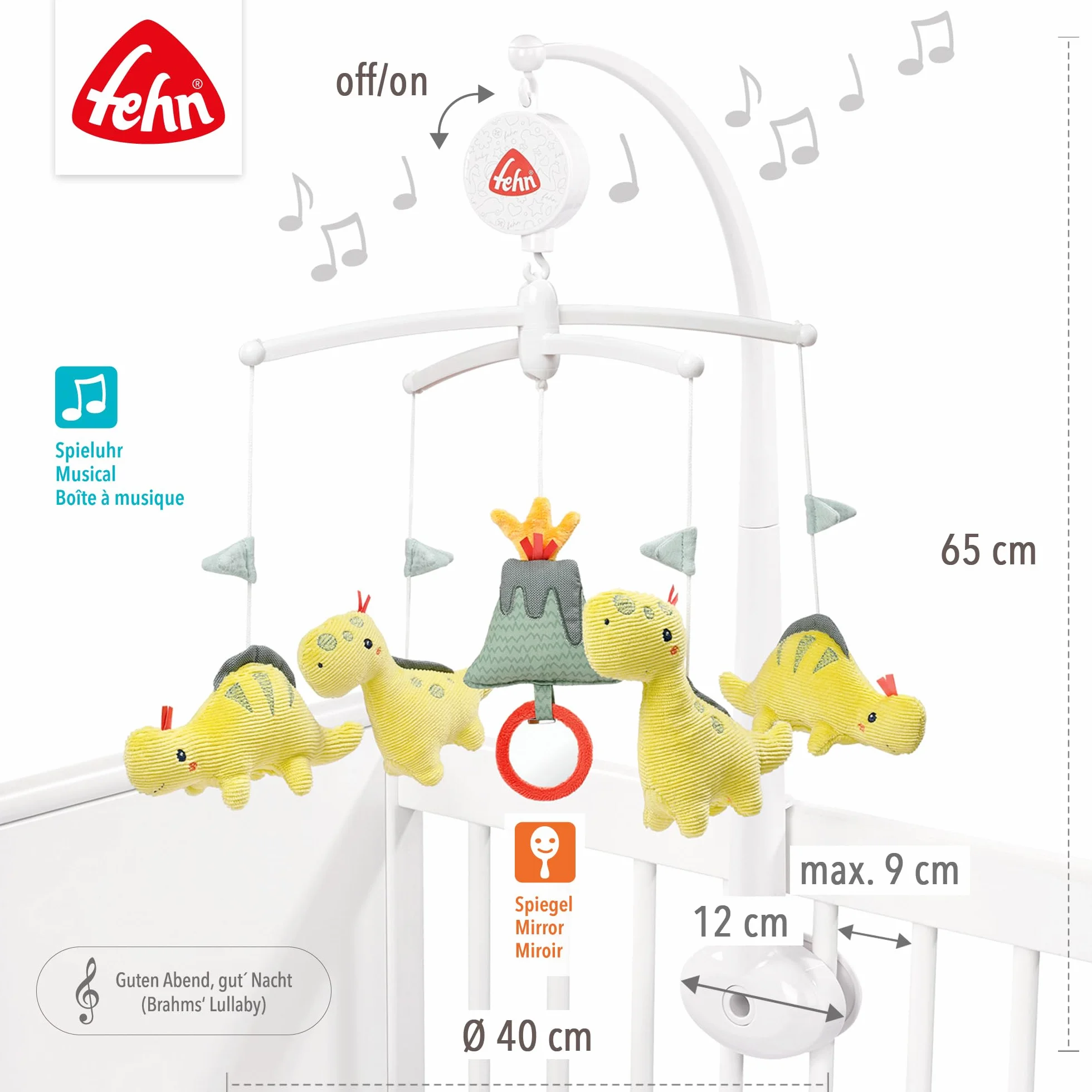 Fehn Musik-Mobile Happy Dino Aufzieh-Mobile mit Spieluhr-Melodie Brahms Wiegenlied und Figuren zur Beruhigung & Beschäftigung mit Bett-Befestigung für Babys von 0-5 Monaten
