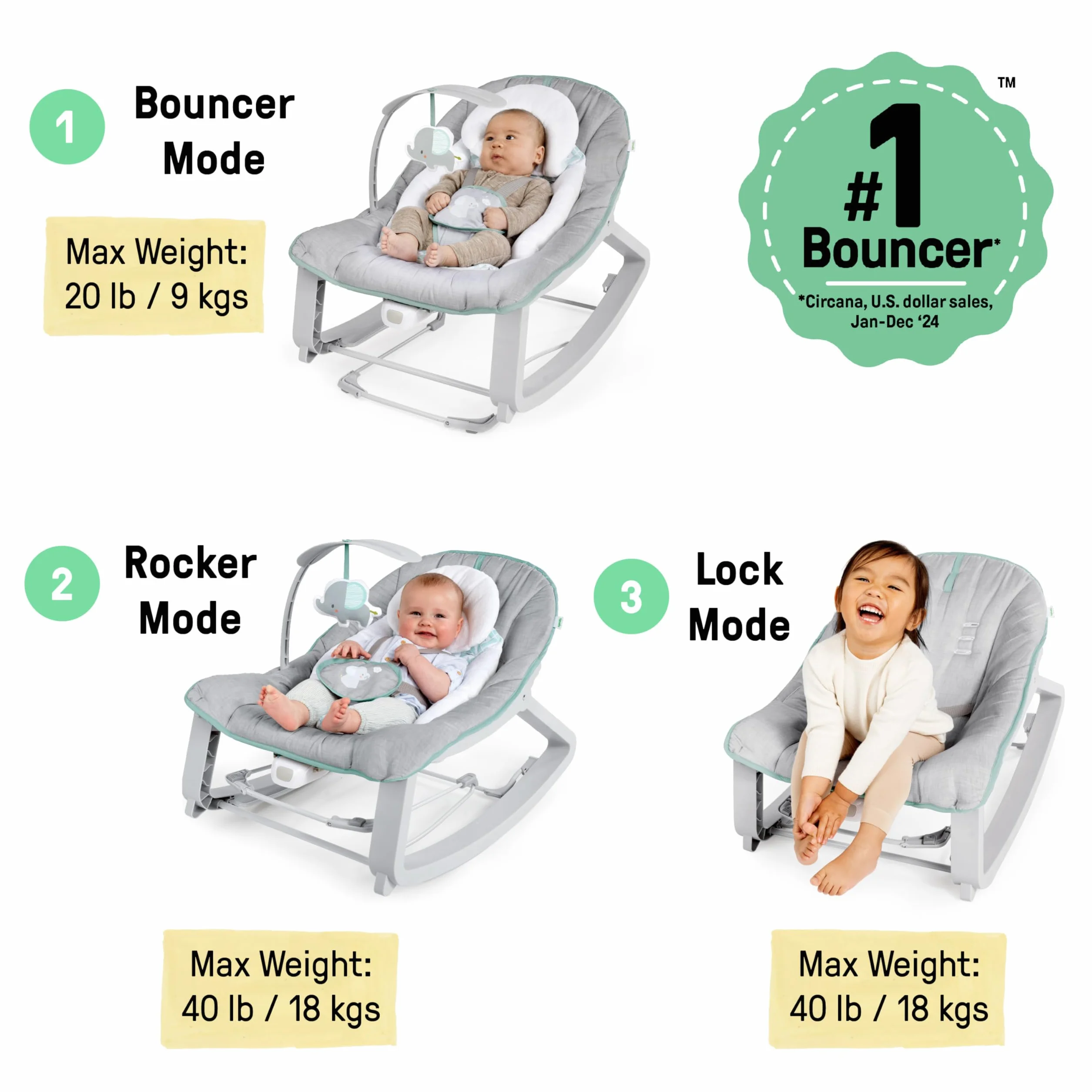 Ingenuity 12428, Leżak 3w1 Keep Cozy - Weaver, kojące wibracje, 2 pozycje nachylenia, do 18 kg, 65.5 x 51.3 x 53.3, Szare