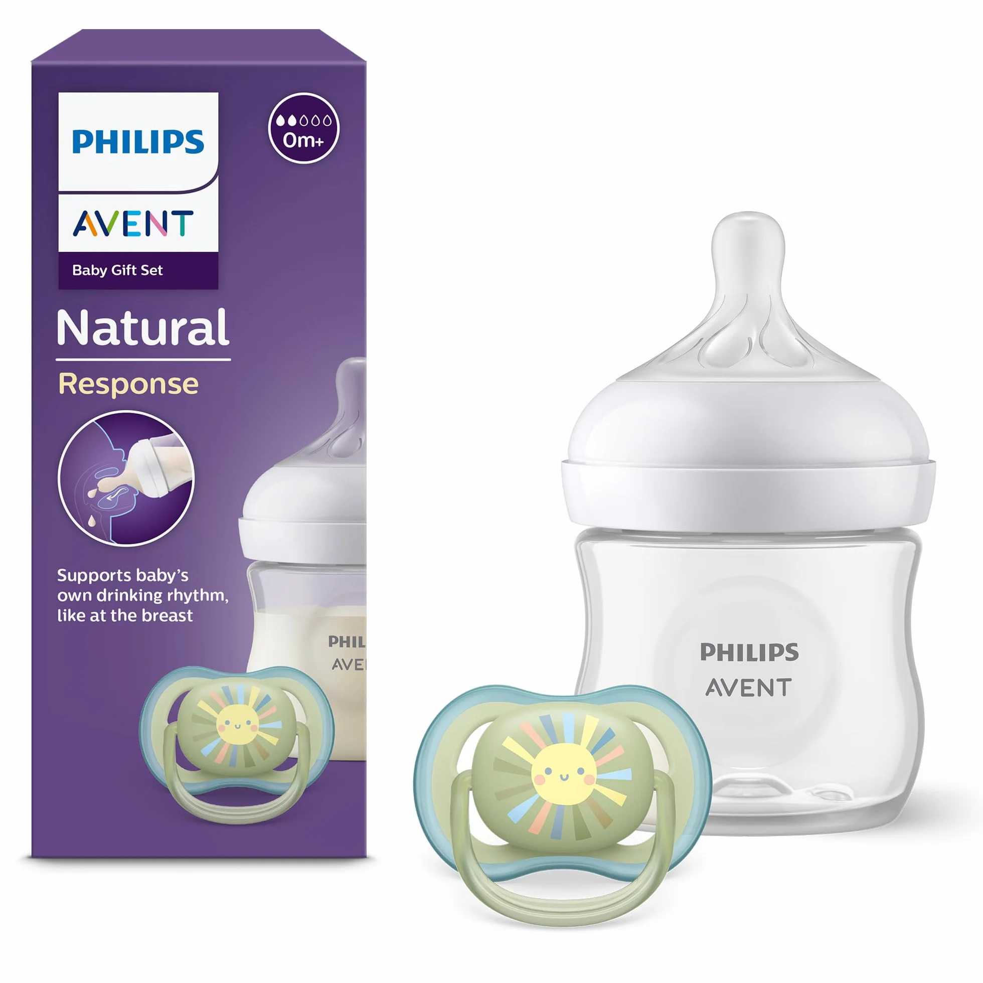 Philips Avent Natural Response Dziecięcy zestaw upominkowy: butelka dla niemowląt Natural Response 125 ml ze smoczkiem T2 (0 mies.+), smoczek Ultra Air (model SCD837/10)