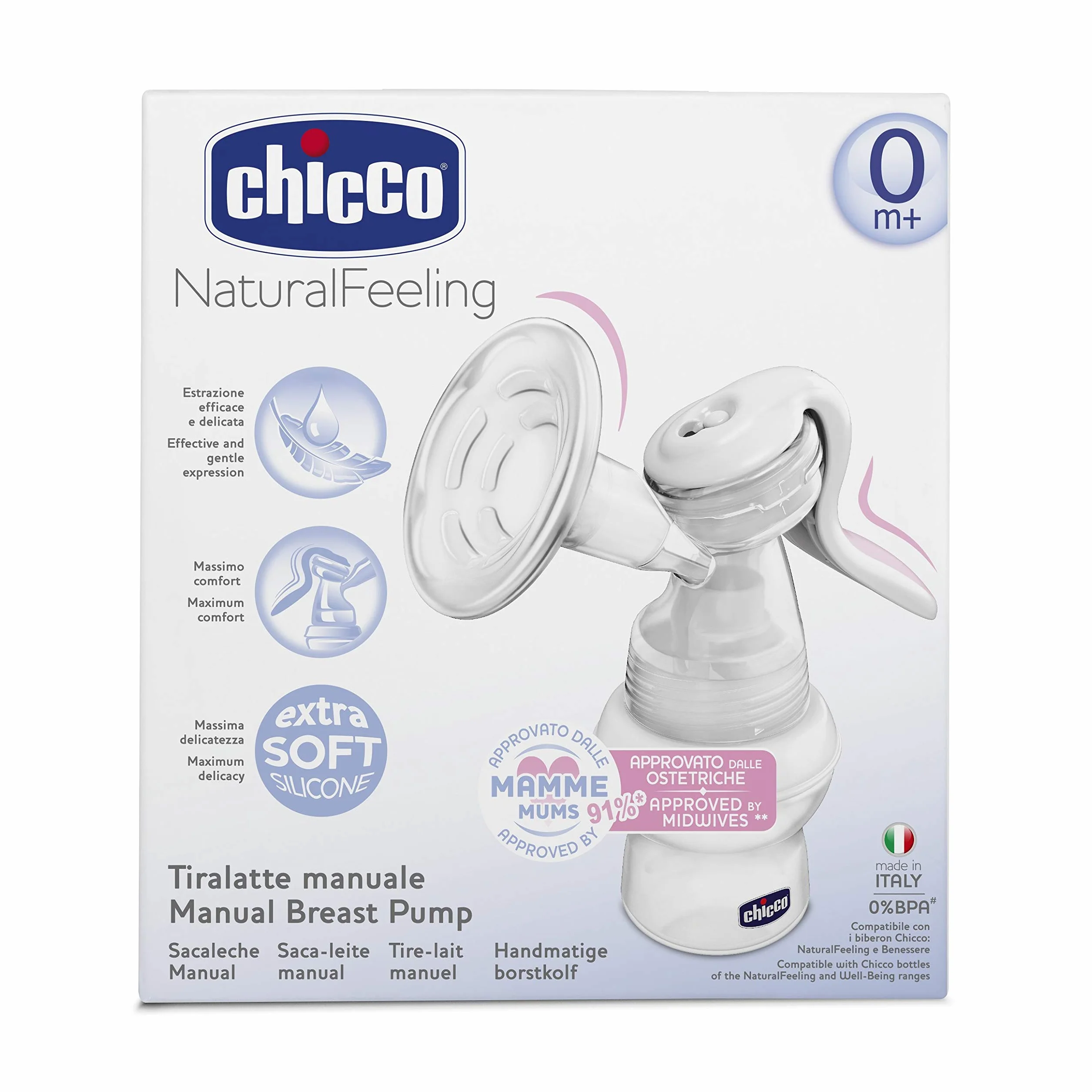 Chicco Laktator Manualny Natural Feeling 150 ml Ergonomiczny Kształt Zakrzywiony Smoczek