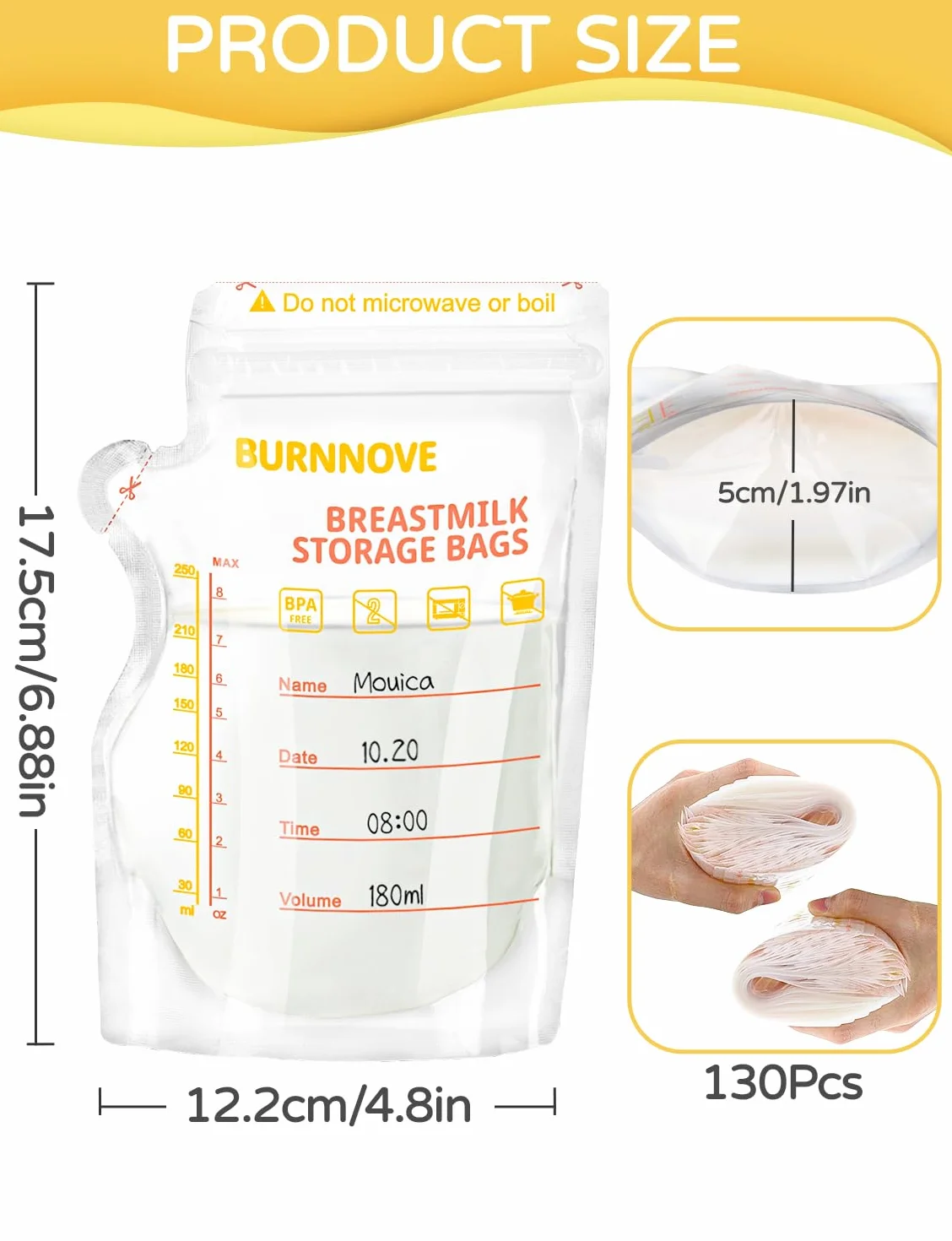 BURNNOVE Torebki do Przechowywania Mleka Matki 130 torebek 250 ml Bez BPA Podwójny zamek Błyskawiczny Szczelne Zagęszczone i Bezwonne Wstępnie Sterylizowane Można Zamrażać
