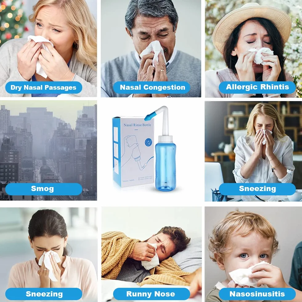 Neti Pot butelka do płukania zatok, myjka do nosa, płukanie ciśnieniowe, nawadnianie nosa, dla dorosłych i dzieci, bez BPA, 300 ml, z 40 pakietami soli do płukania nosa (40 sztuk)